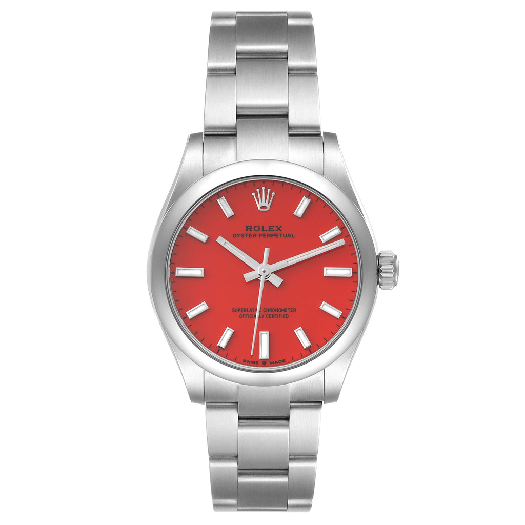 Rolex Oyster Perpetual Midsize Coral Red Dial Steel Ladies Watch 277200 Box Card