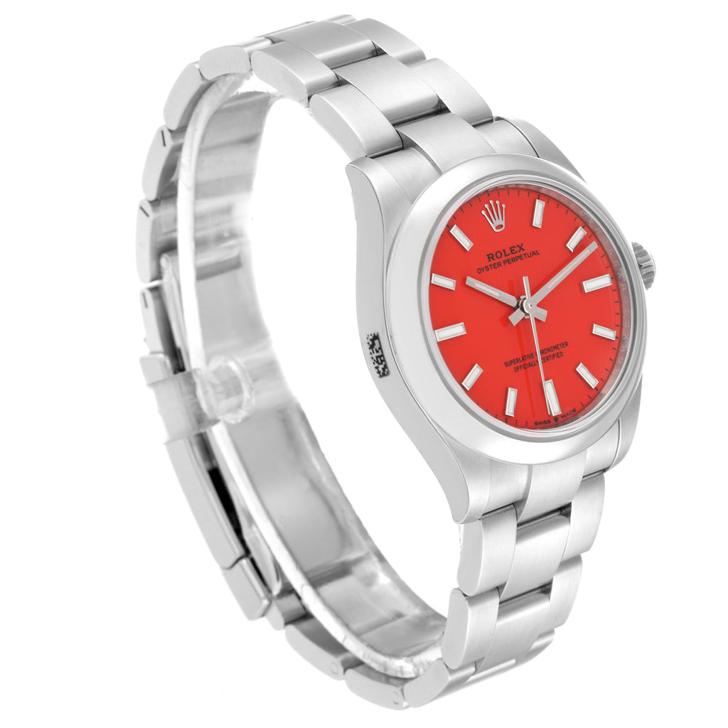 Rolex Oyster Perpetual Midsize Coral Red Dial Steel Ladies Watch 277200 Box Card