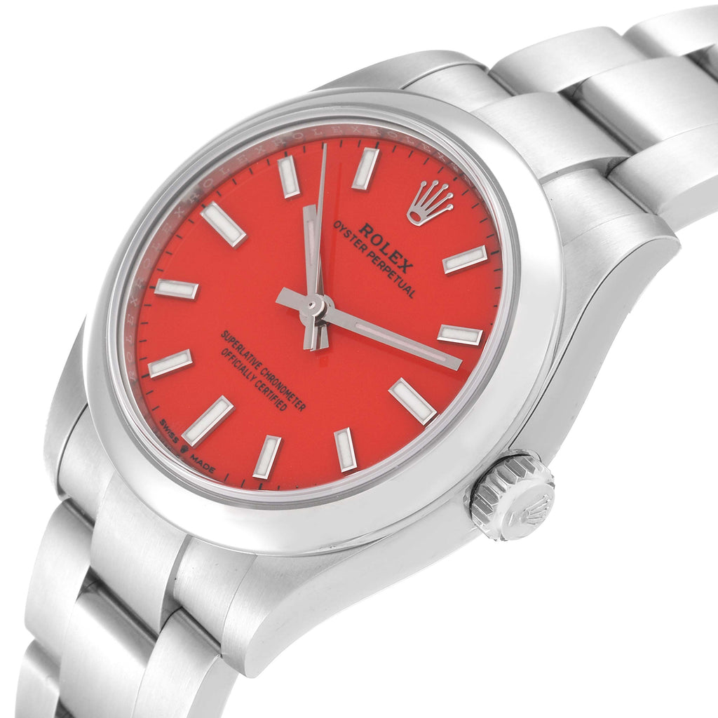 Rolex Oyster Perpetual Midsize Coral Red Dial Steel Ladies Watch 277200 Box Card