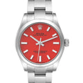 Rolex Oyster Perpetual Midsize Coral Red Dial Steel Ladies Watch 277200 Box Card