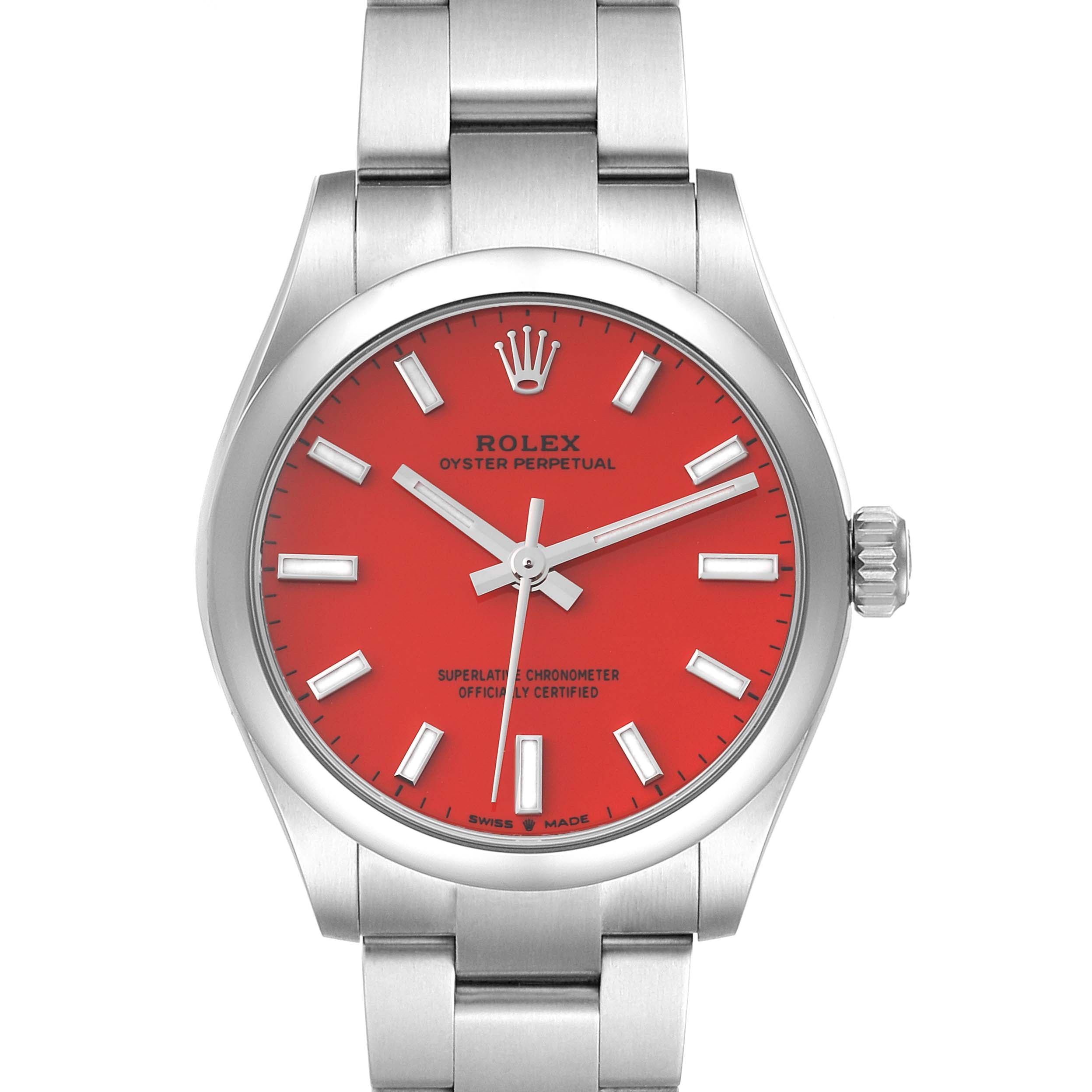 Rolex Oyster Perpetual Midsize Coral Red Dial Steel Ladies Watch 277200 Box Card
