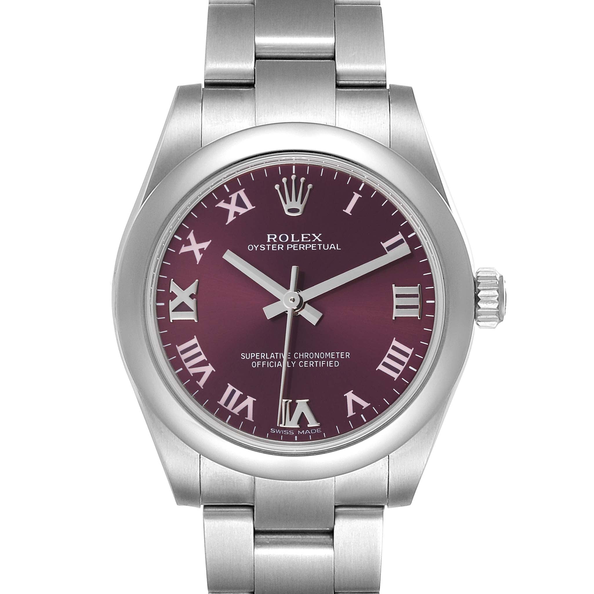 Rolex Oyster Perpetual Midsize Red Grape Dial Ladies Watch 177200 Box Card