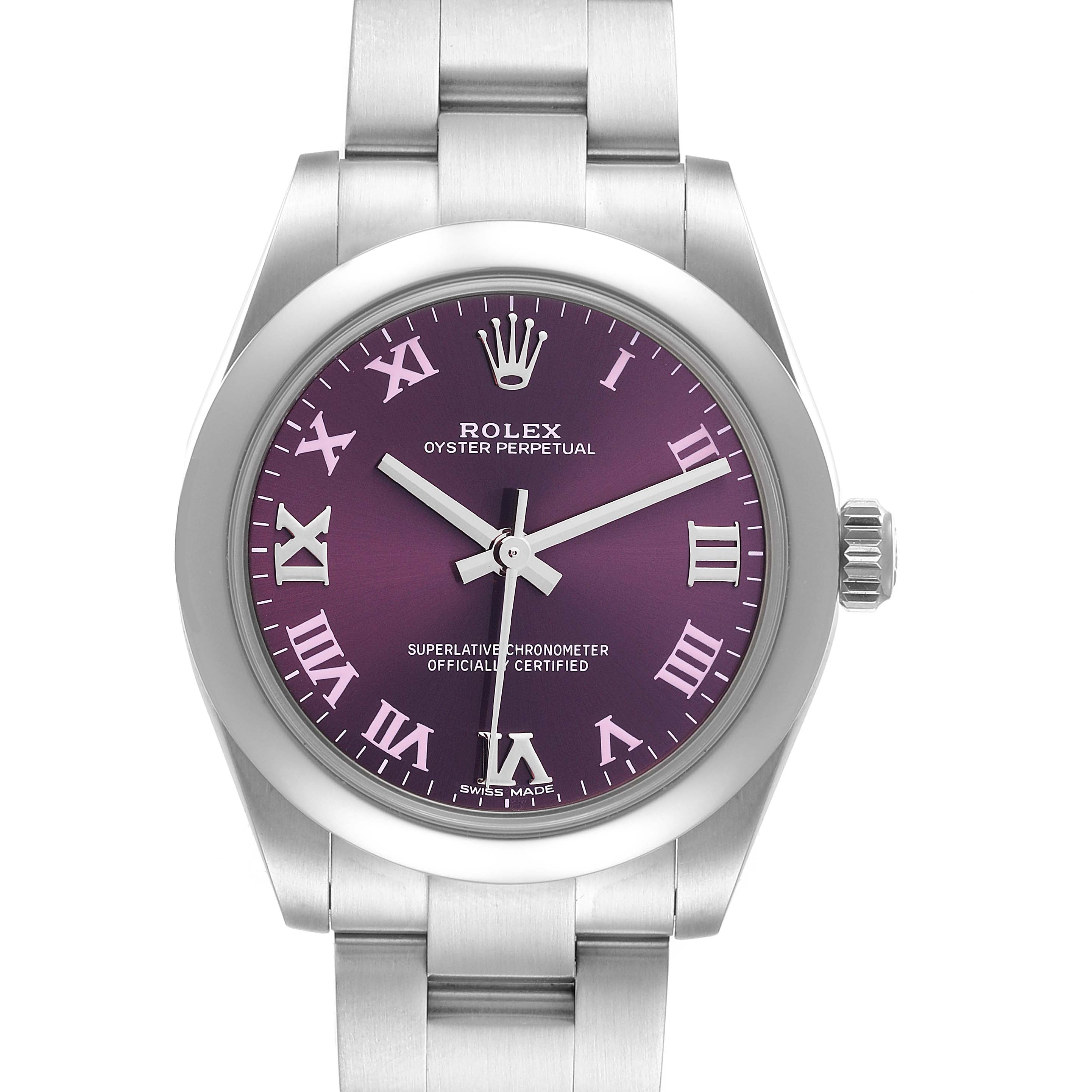Rolex Oyster Perpetual Midsize Red Grape Dial Ladies Watch 177200 Unworn