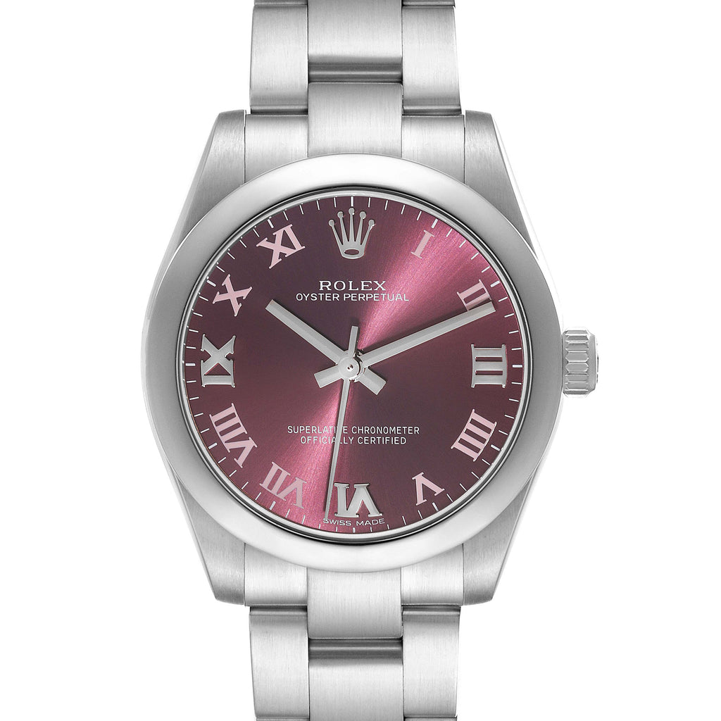 Rolex Oyster Perpetual Midsize Red Grape Silver Ladies Watch 177200 Box Card