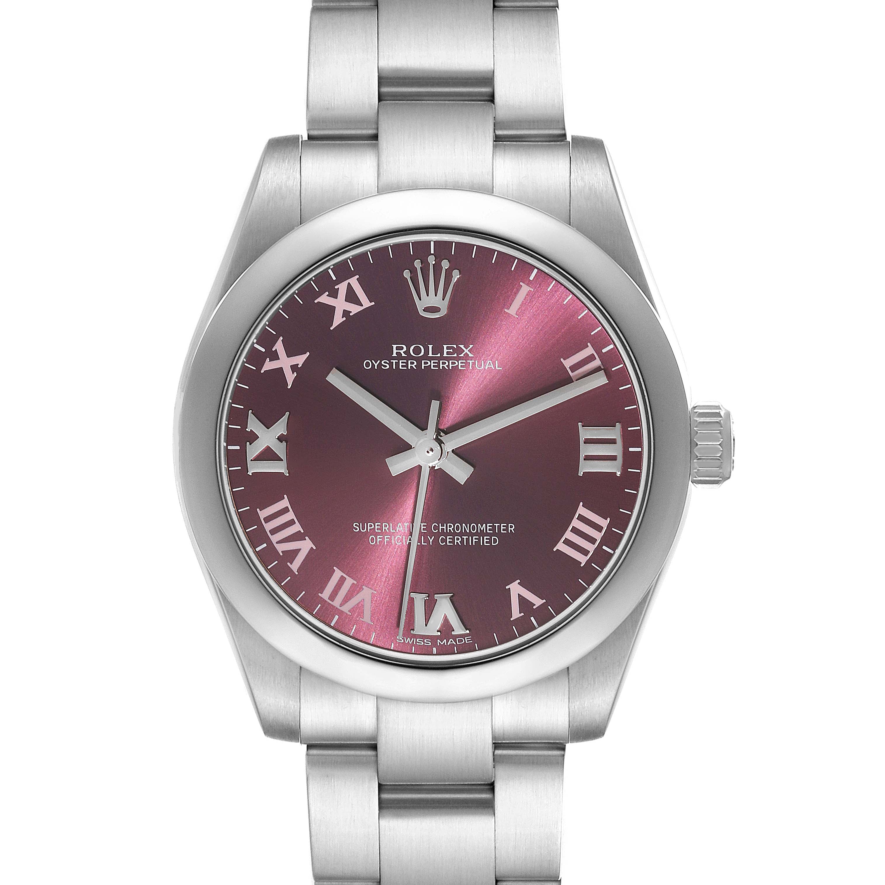 Rolex Oyster Perpetual Midsize Red Grape Silver Ladies Watch 177200 Box Card