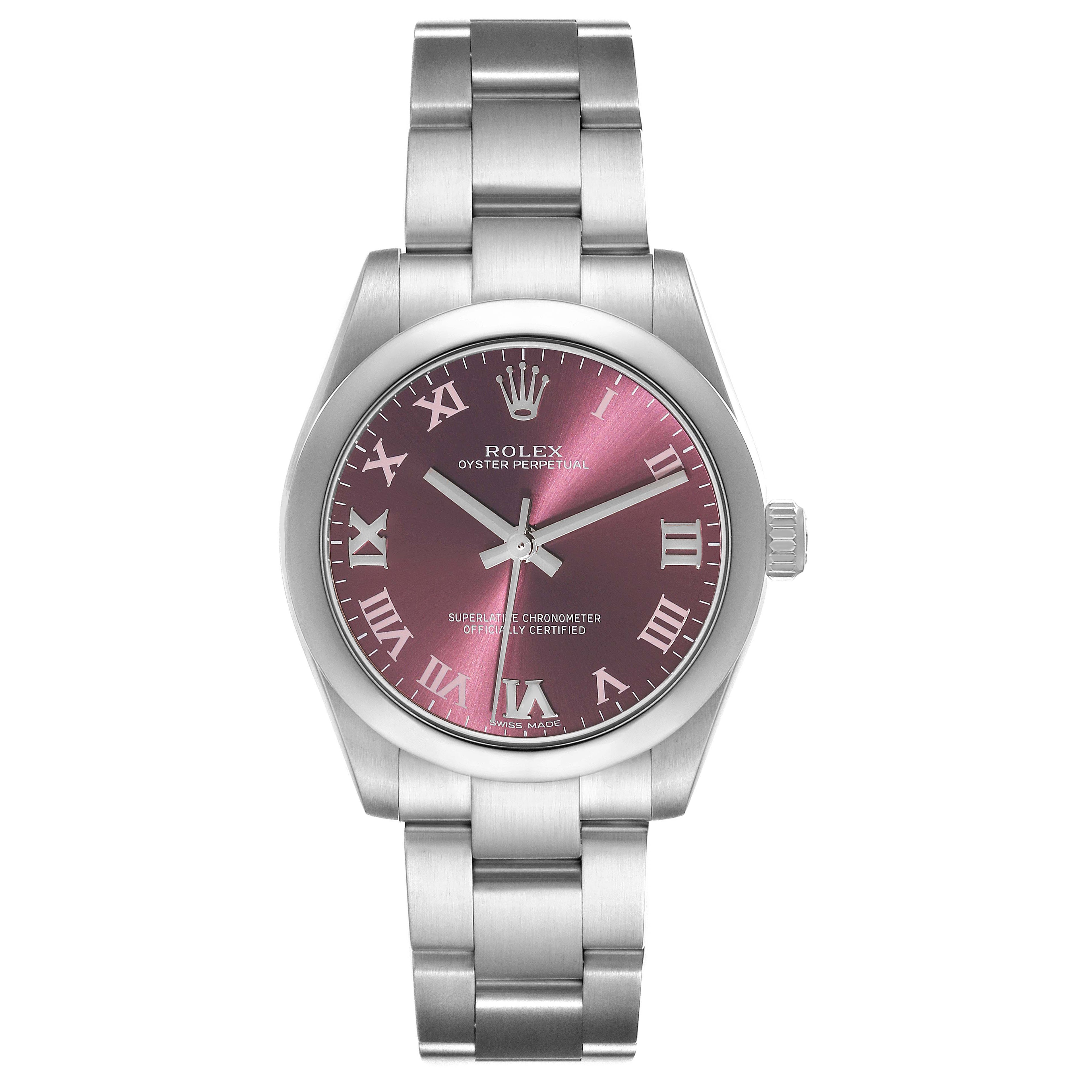 Rolex Oyster Perpetual Midsize Red Grape Silver Ladies Watch 177200 Box Card