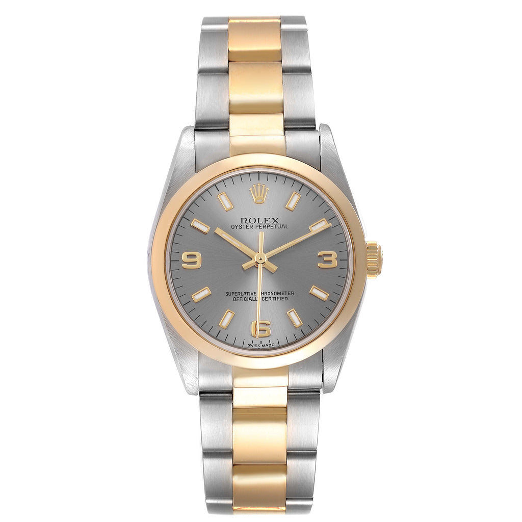Rolex Oyster Perpetual Midsize Slate Dial Steel Yellow Gold Watch 77483 Papers