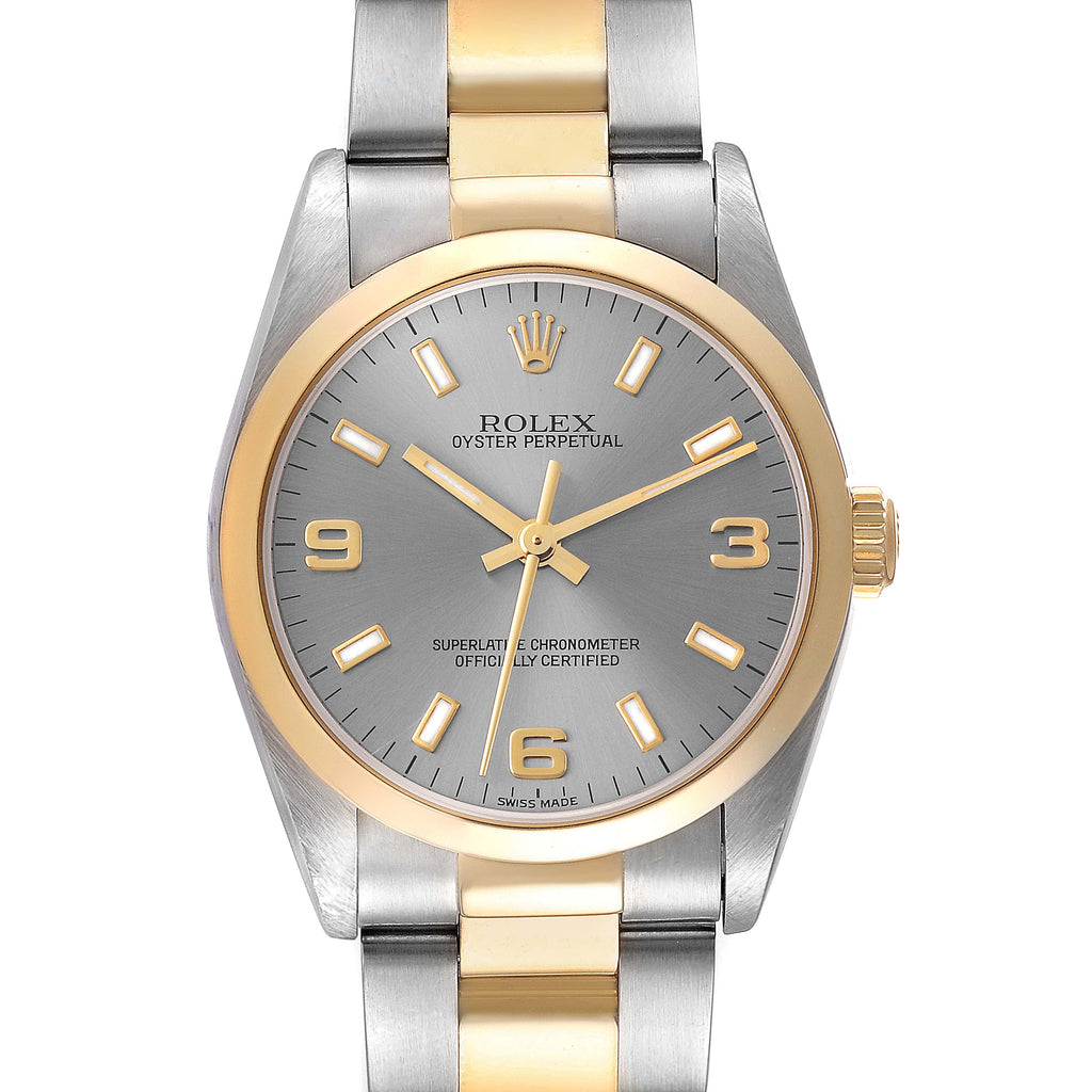 Rolex Oyster Perpetual Midsize Slate Dial Steel Yellow Gold Watch 77483 Papers