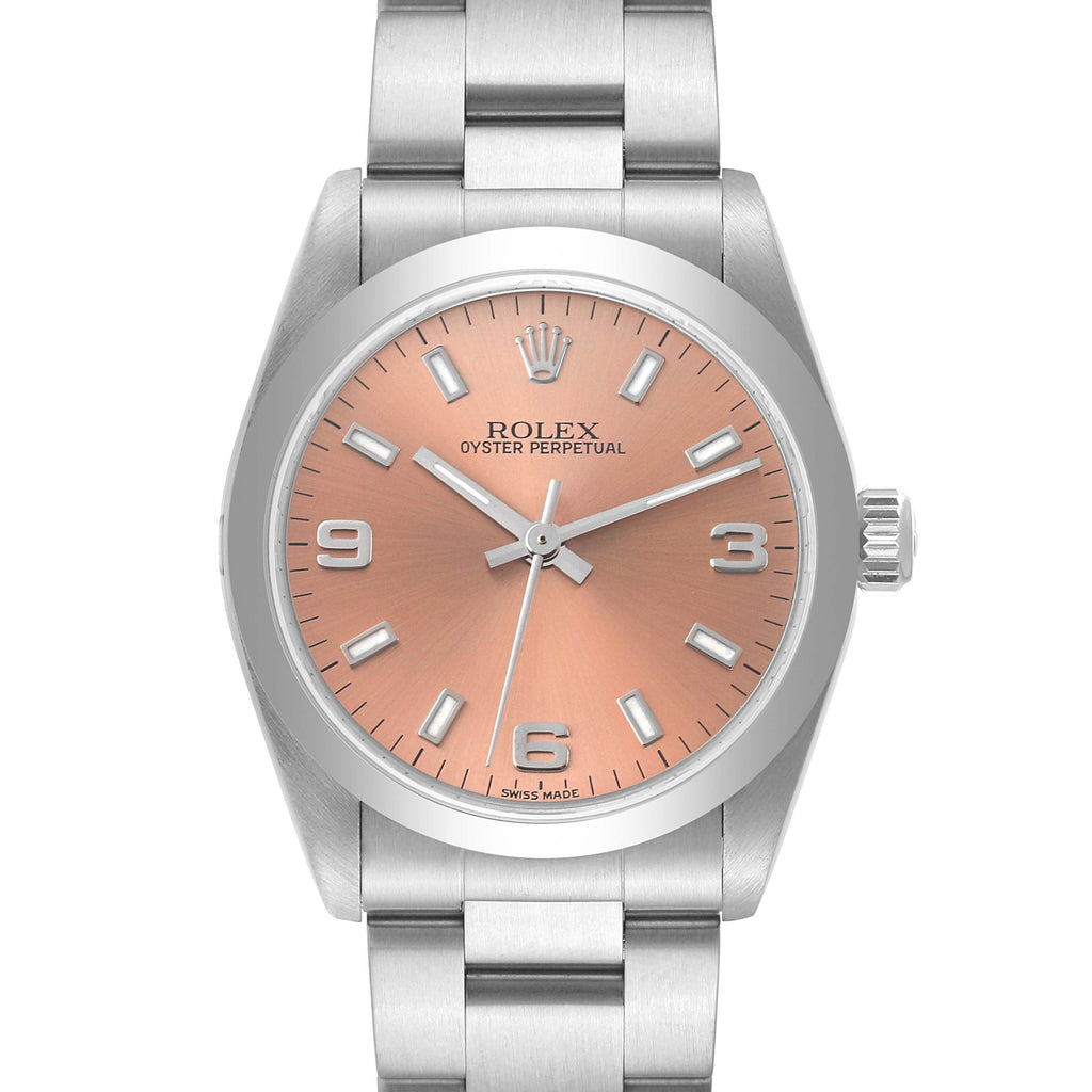Rolex Oyster Perpetual Midsize Smooth Bezel Salmon Dial Steel Ladies Watch 77080