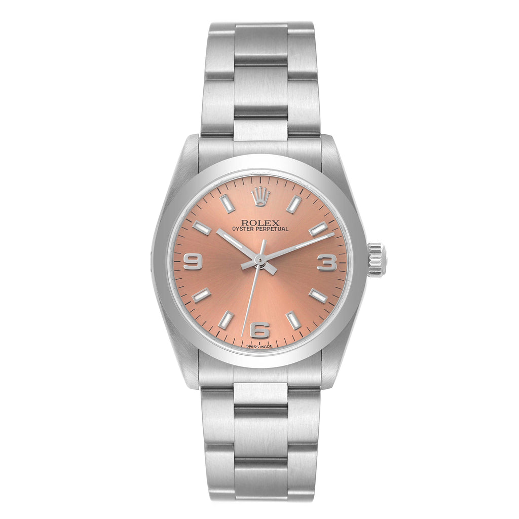Rolex Oyster Perpetual Midsize Smooth Bezel Salmon Dial Steel Ladies Watch 77080