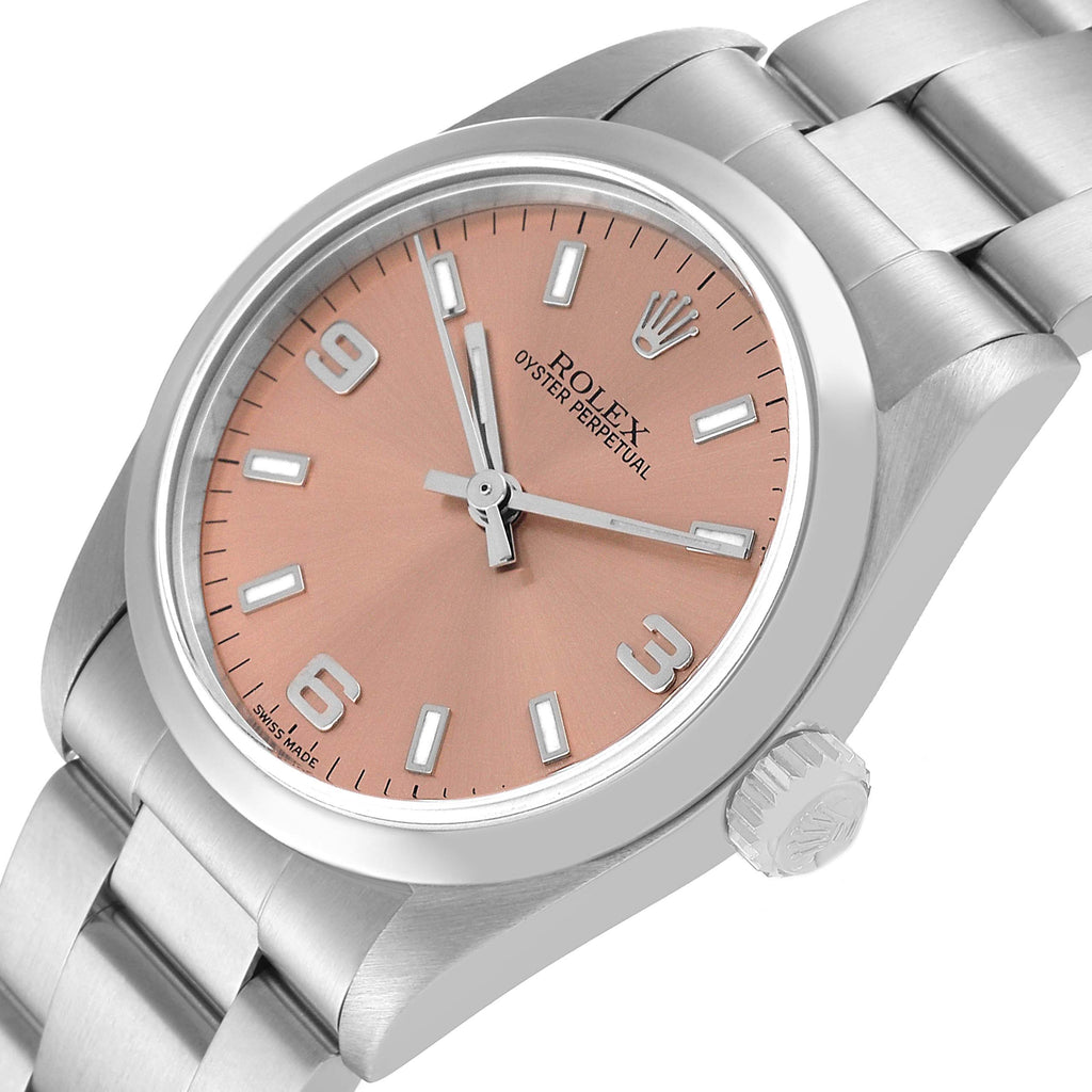 Rolex Oyster Perpetual Midsize Smooth Bezel Salmon Dial Steel Ladies Watch 77080