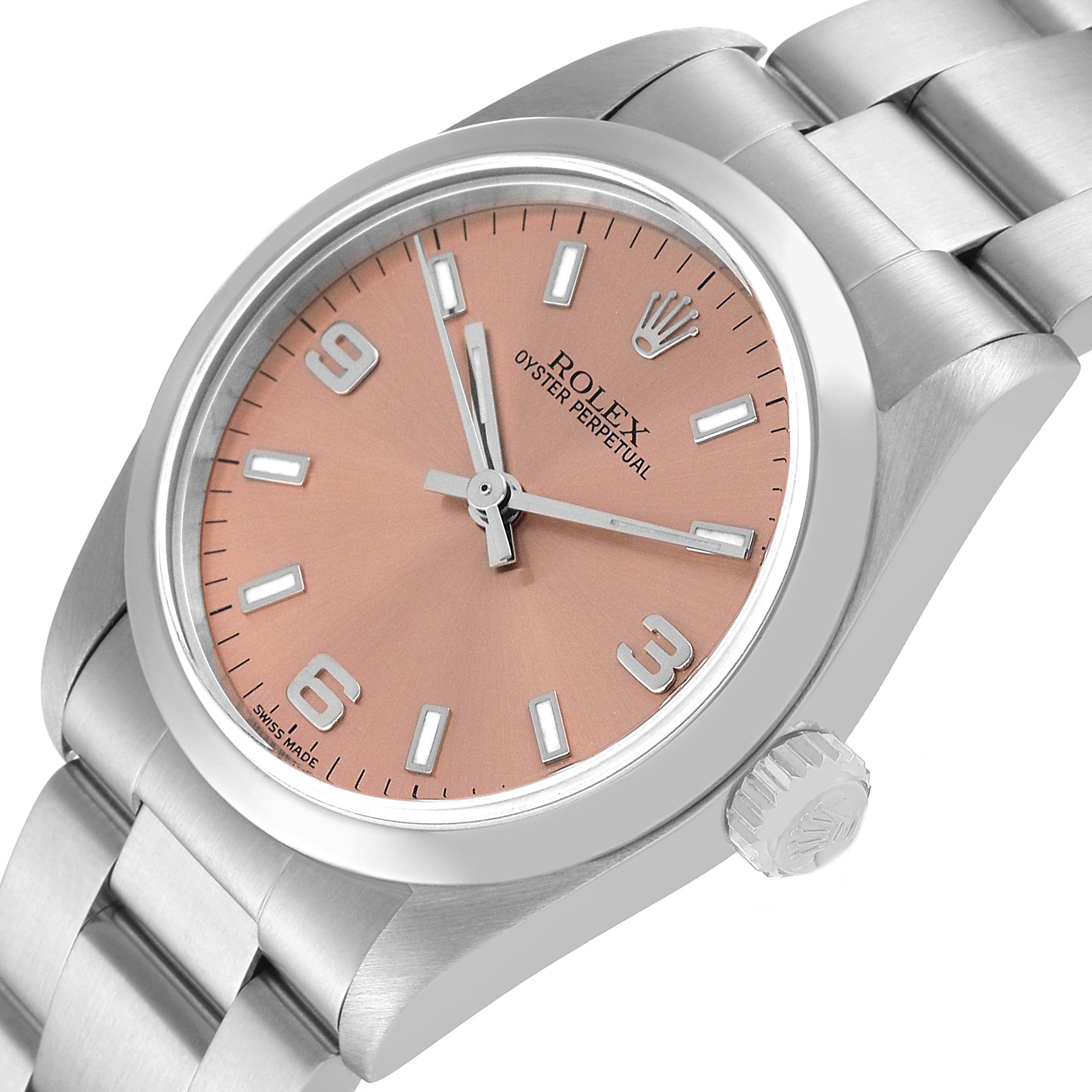 Rolex Oyster Perpetual Midsize Smooth Bezel Salmon Dial Steel Ladies Watch 77080