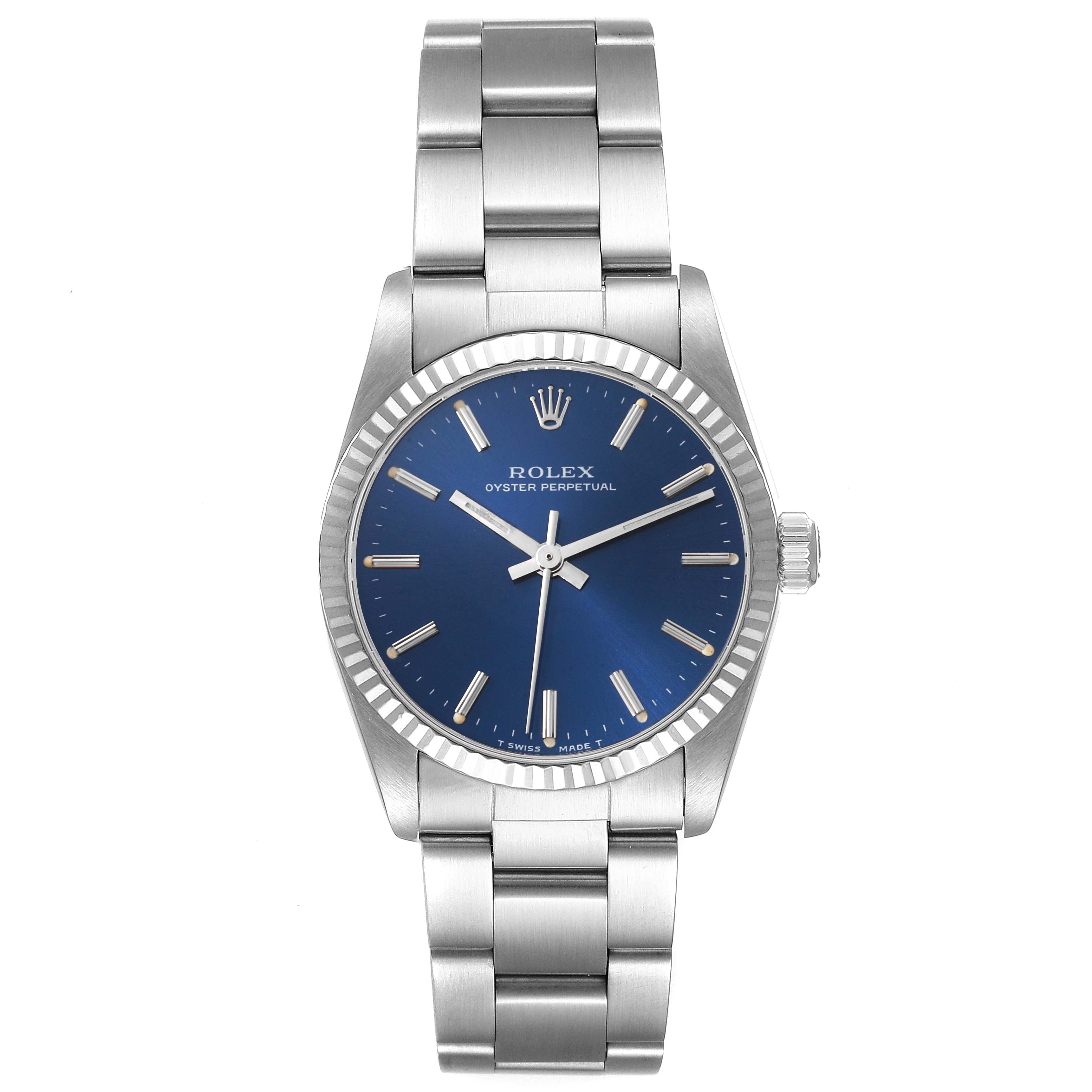 Rolex Oyster Perpetual Midsize Steel White Gold Blue Dial Ladies Watch 67514