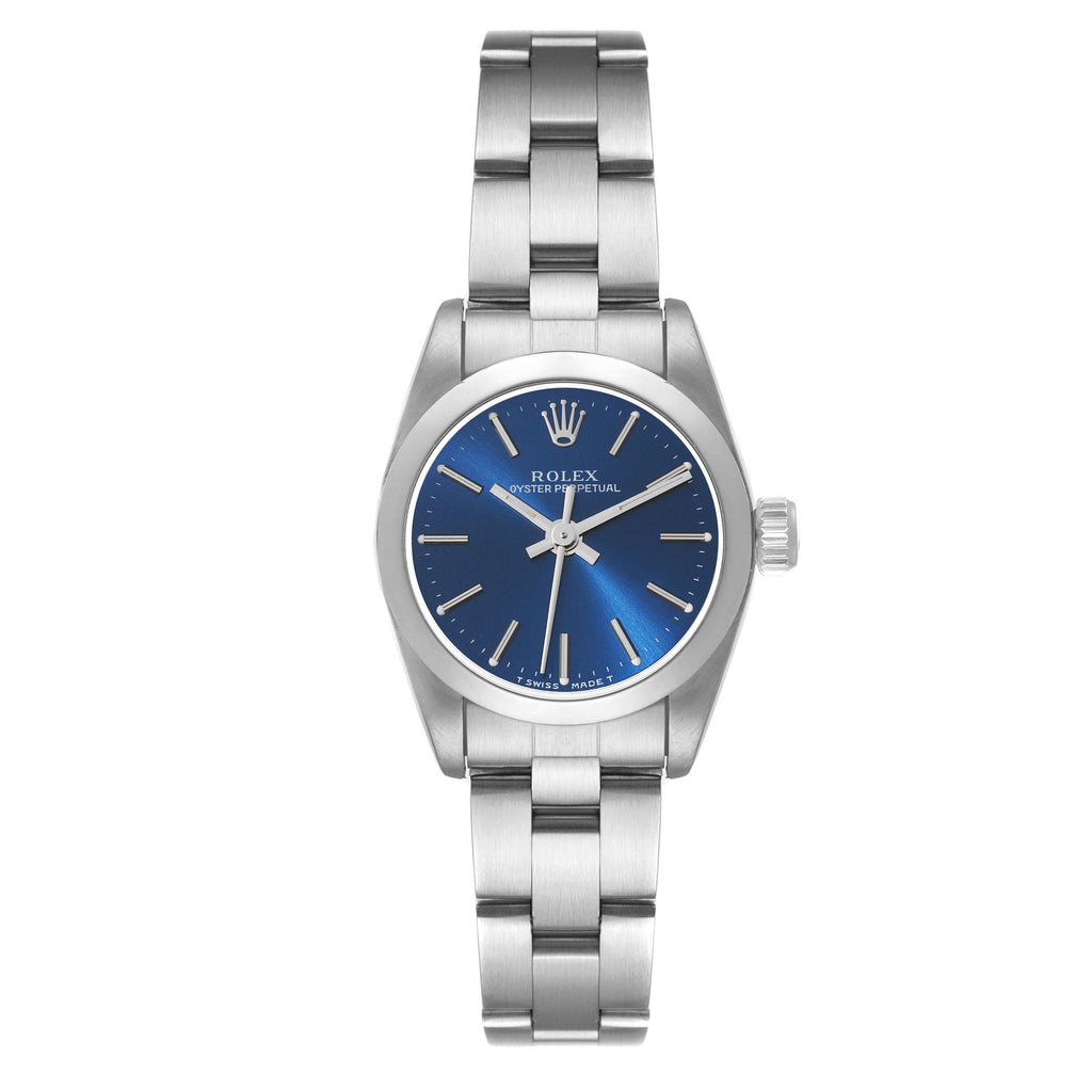 Rolex Oyster Perpetual Non-Date Blue Dial Smooth Bezel Steel Ladies Watch 67180