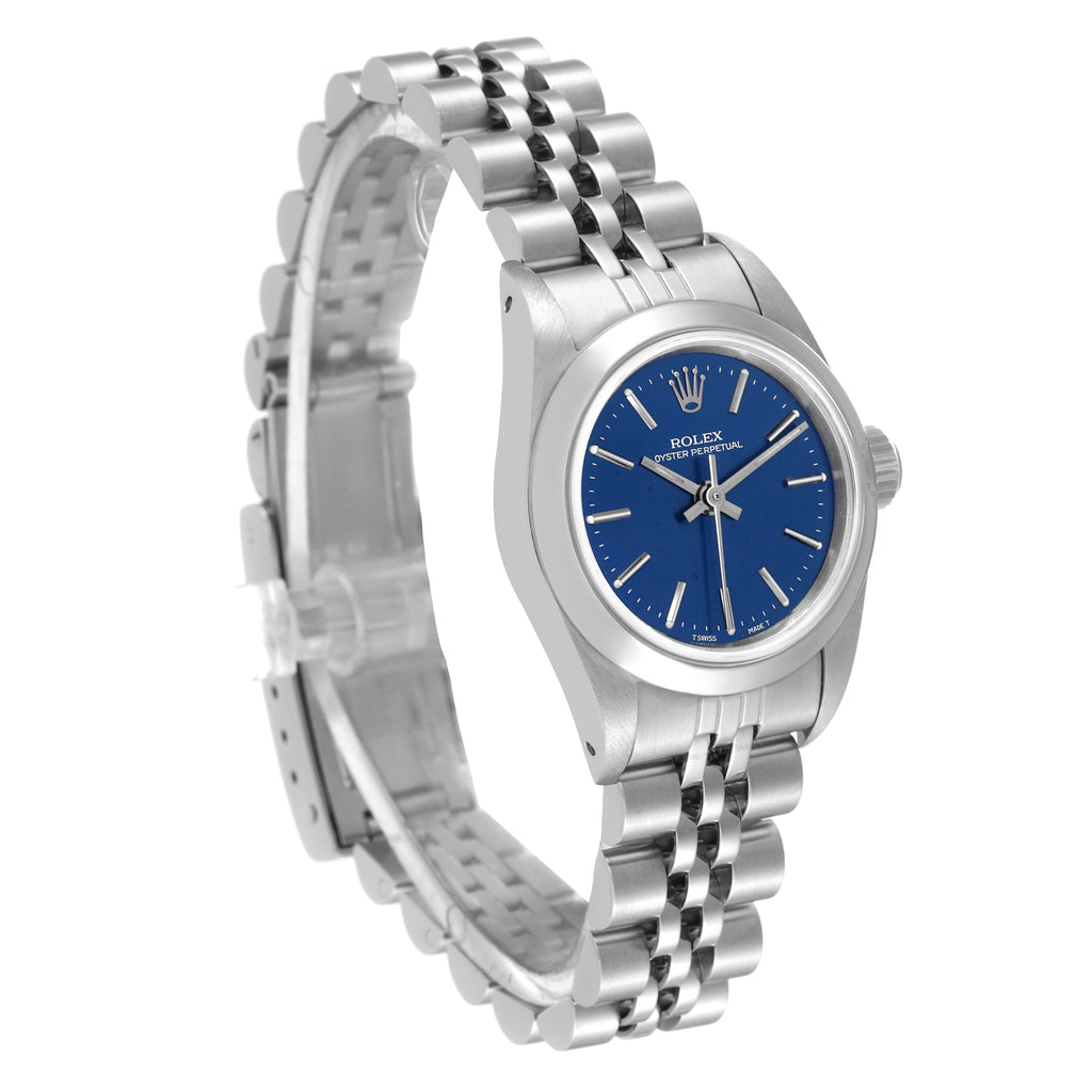 Rolex Oyster Perpetual Nondate Ladies Blue Dial Steel Watch 67180 Box Papers