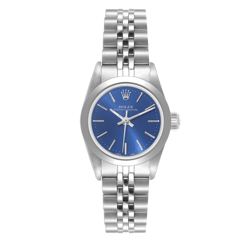 Rolex Oyster Perpetual Nondate Ladies Blue Dial Steel Watch 67180 Box Papers