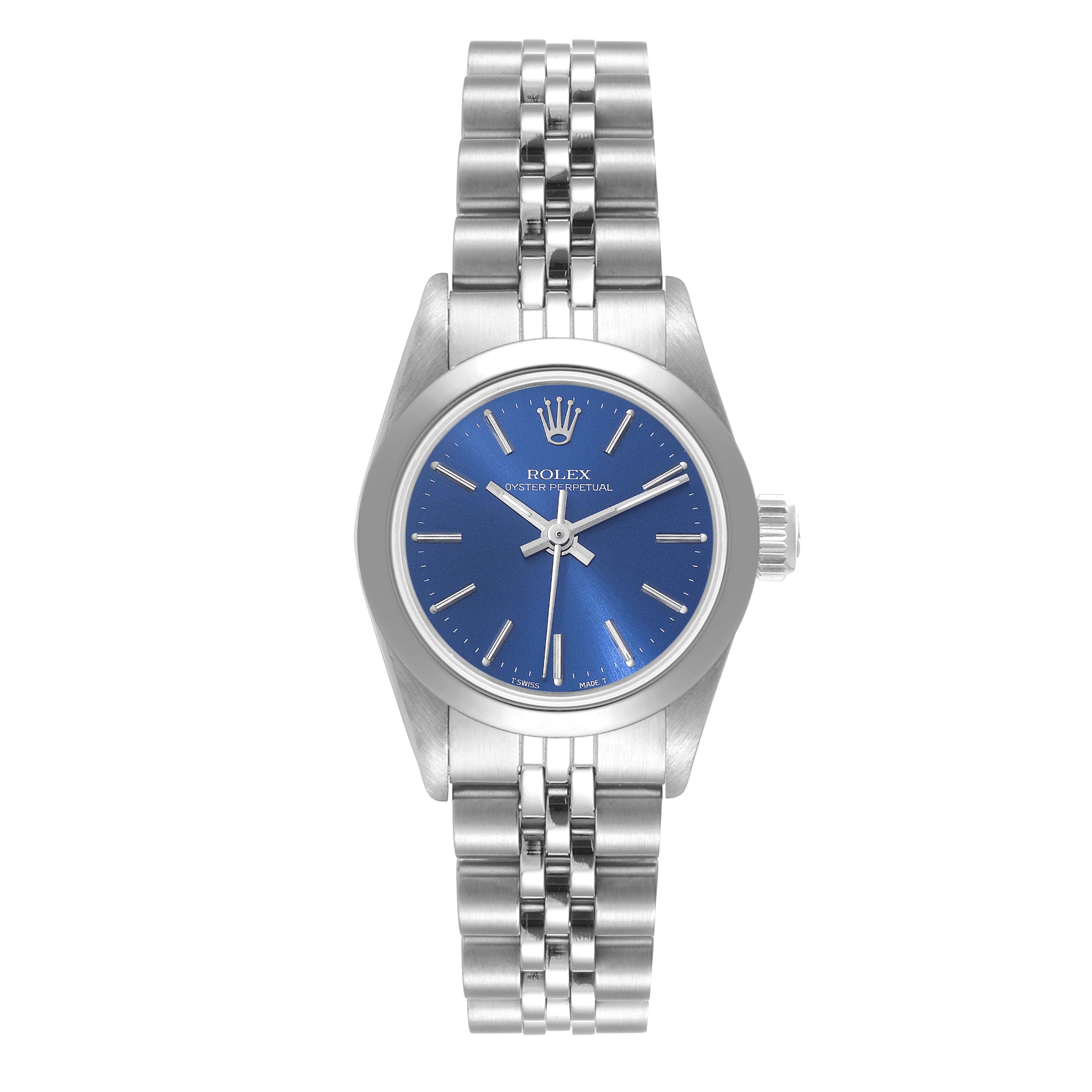 Rolex Oyster Perpetual Nondate Ladies Blue Dial Steel Watch 67180 Box Papers