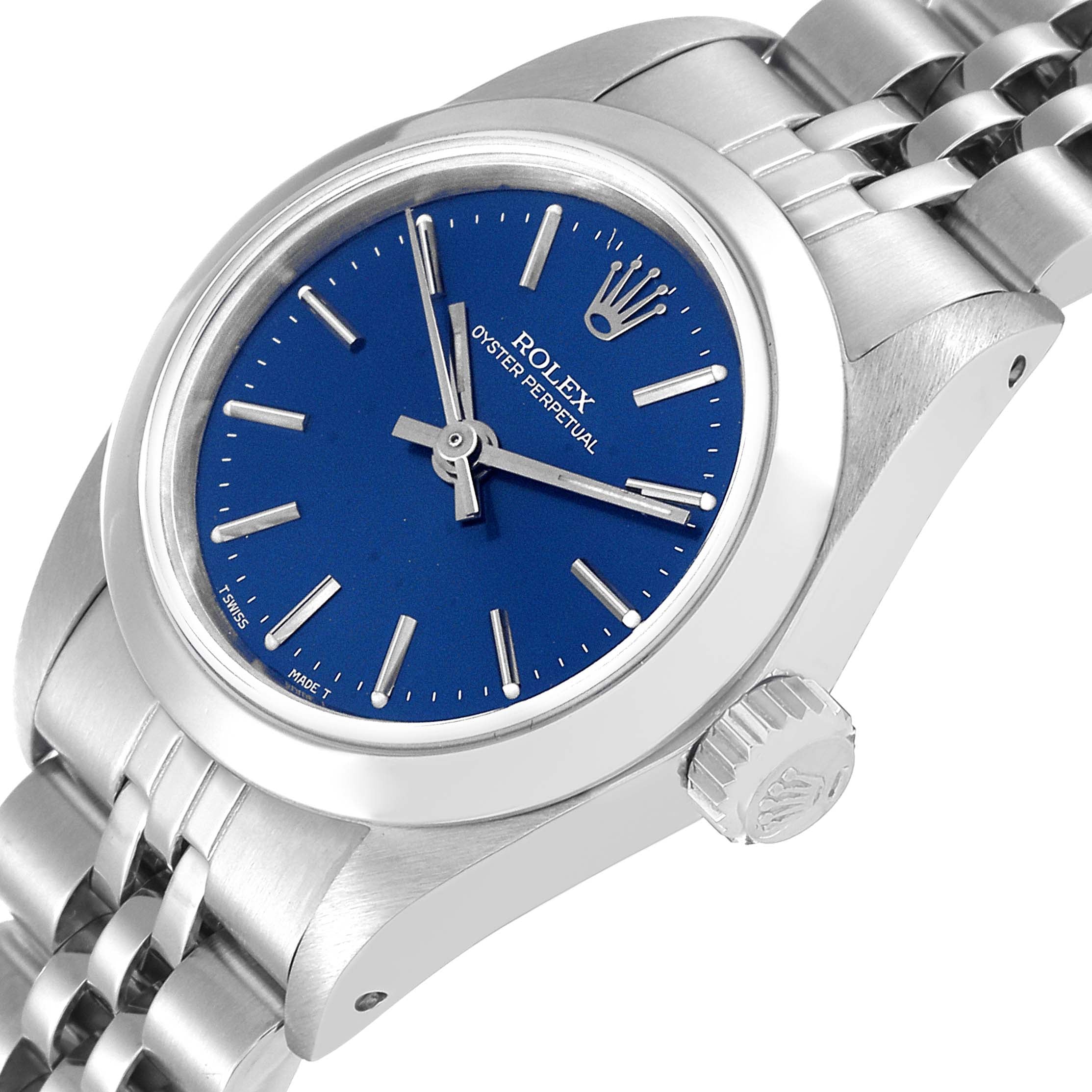 Rolex Oyster Perpetual Nondate Ladies Blue Dial Steel Watch 67180 Box Papers