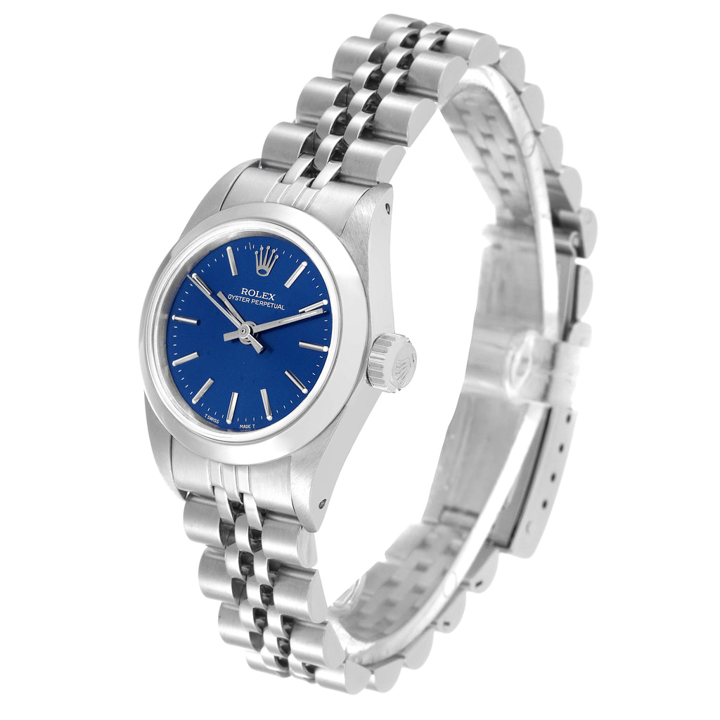 Rolex Oyster Perpetual Nondate Ladies Blue Dial Steel Watch 67180 Box Papers