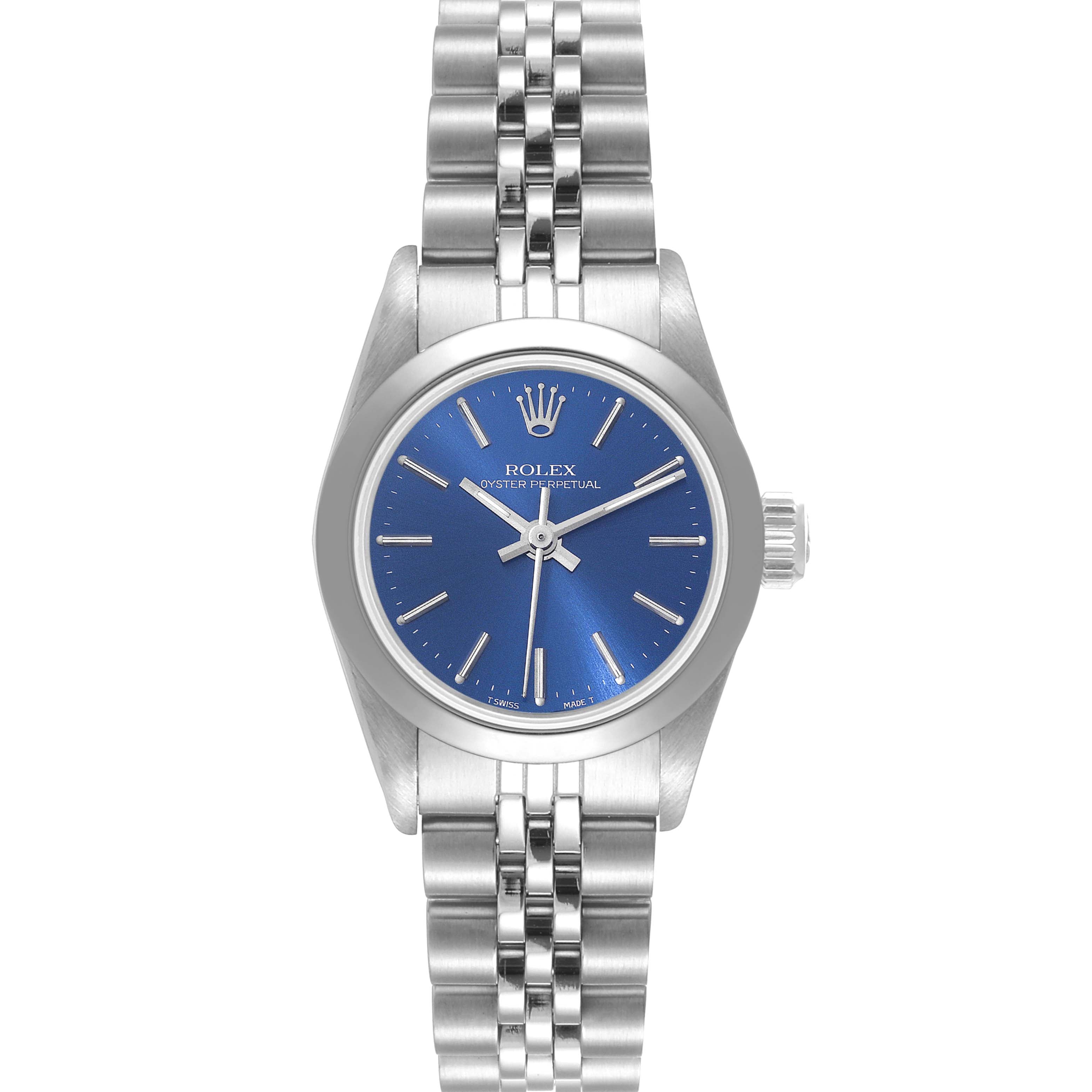 Rolex Oyster Perpetual Nondate Ladies Blue Dial Steel Watch 67180 Box Papers