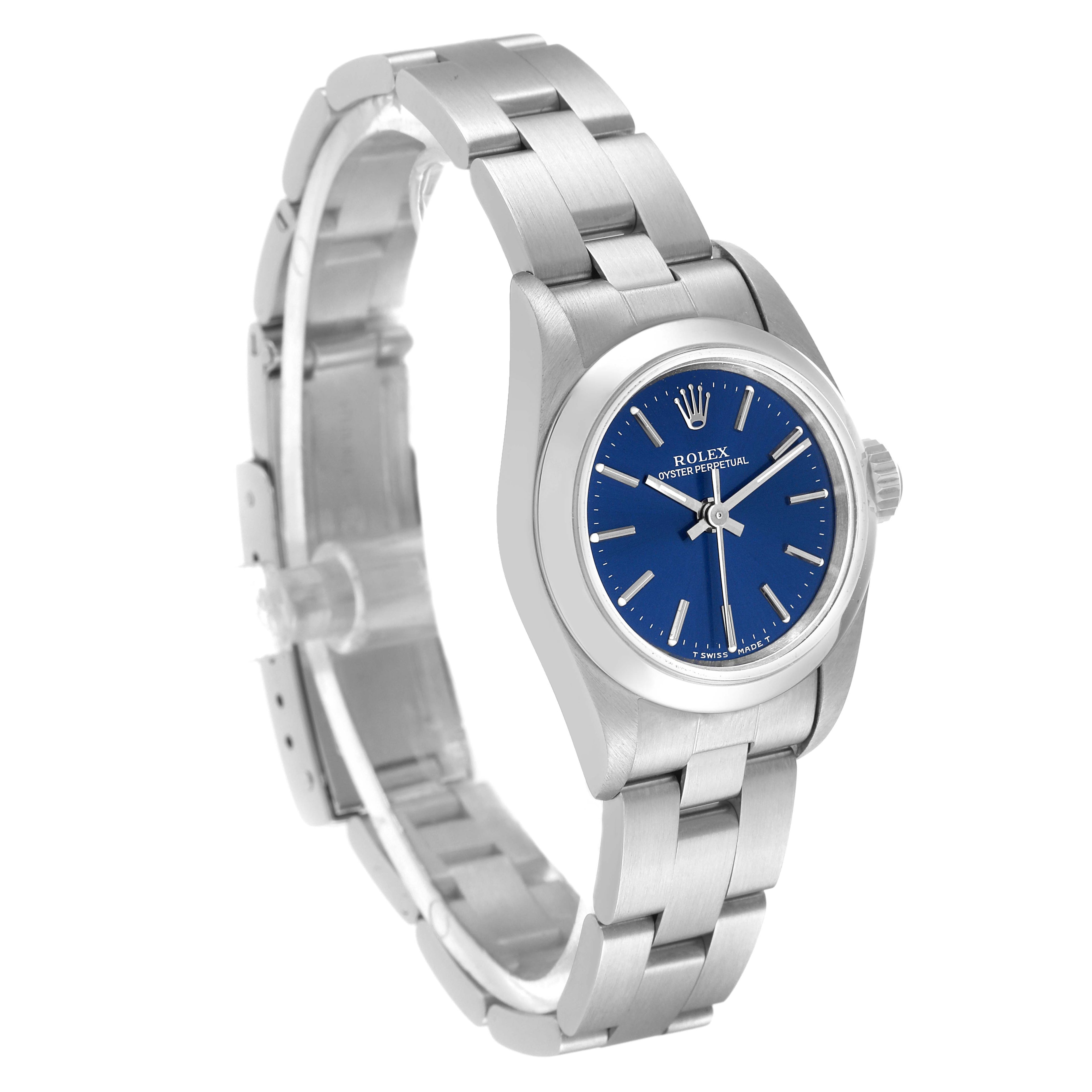 Rolex Oyster Perpetual Nondate Ladies Blue Dial Steel Watch 67180 Papers