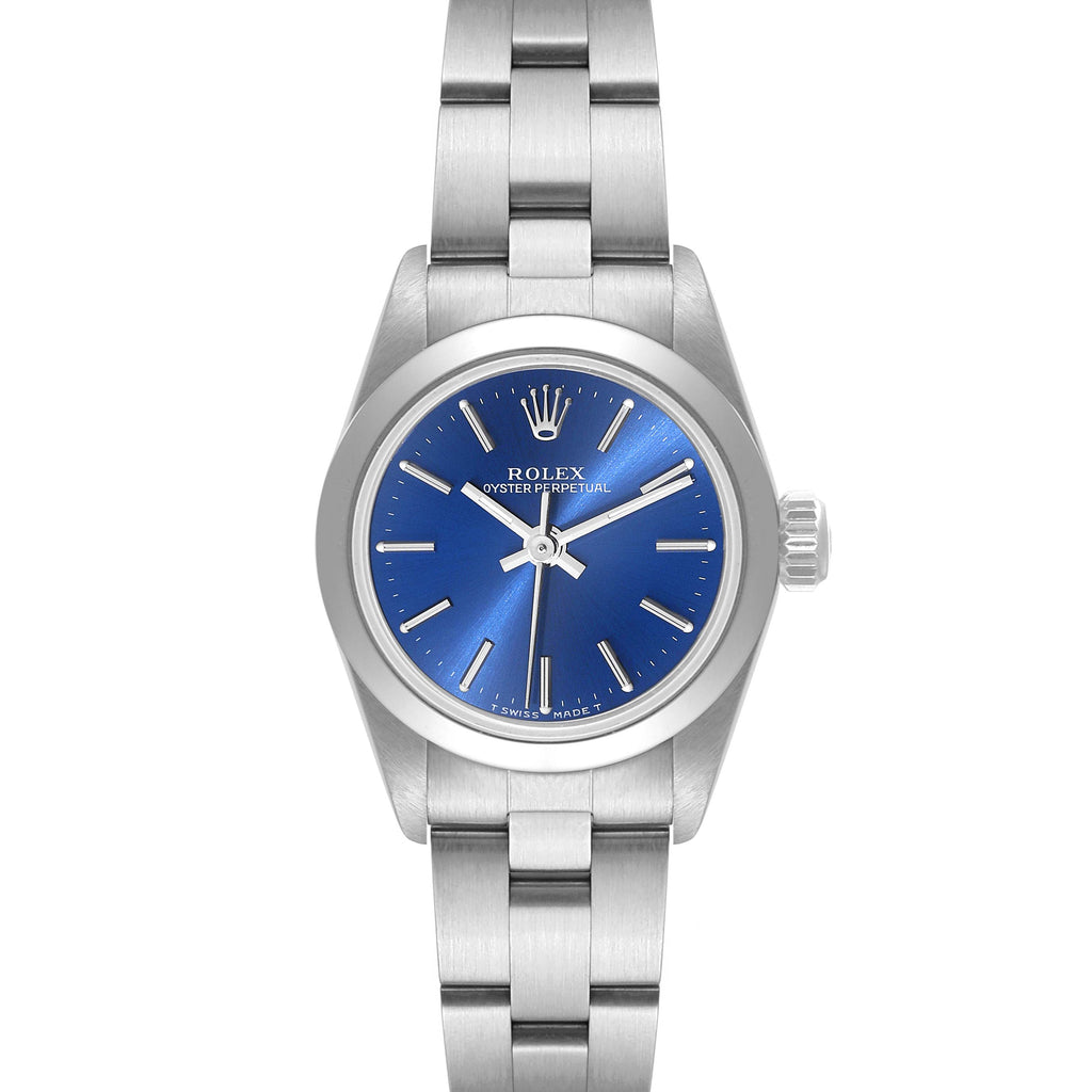 Rolex Oyster Perpetual Nondate Ladies Blue Dial Steel Watch 67180 Papers