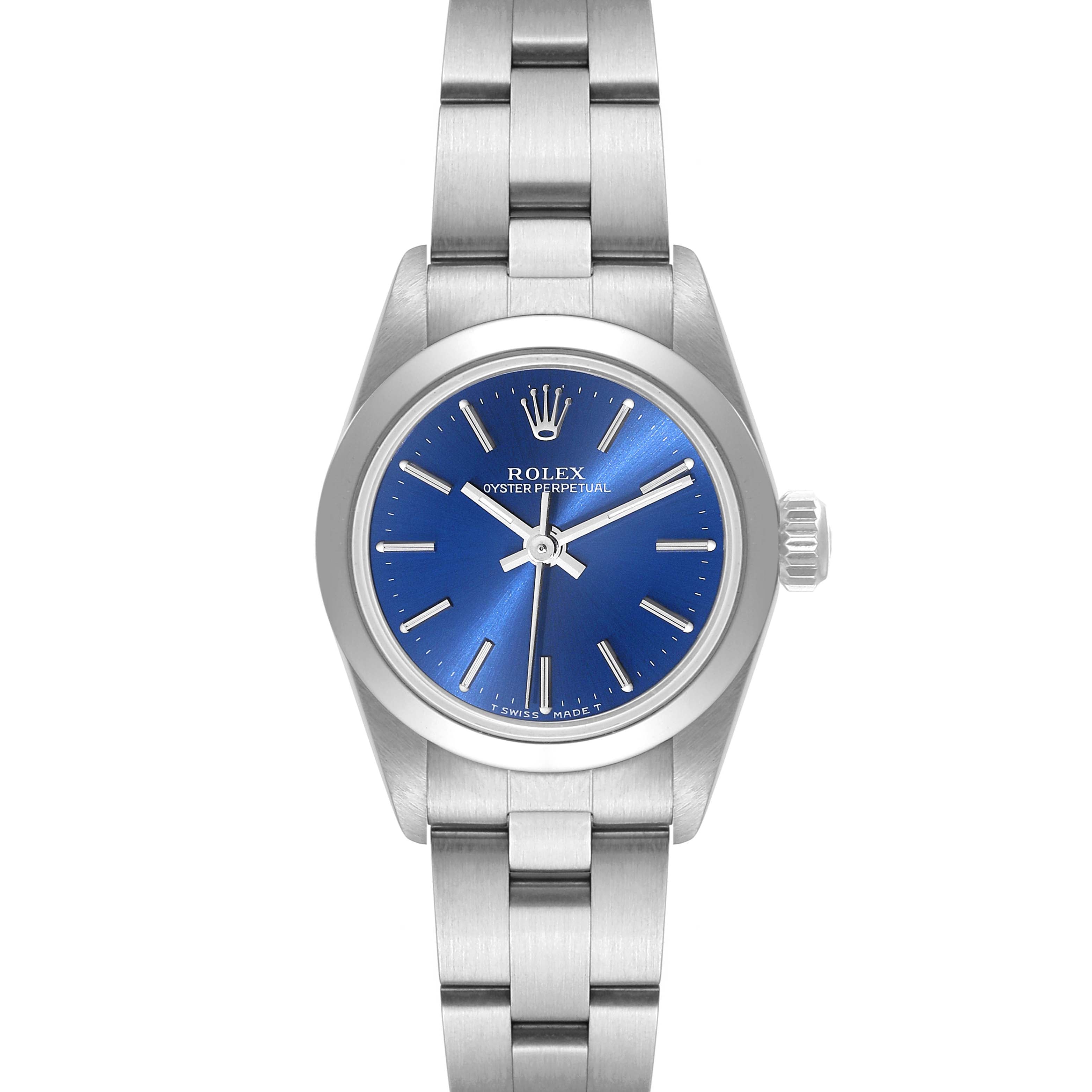 Rolex Oyster Perpetual Nondate Ladies Blue Dial Steel Watch 67180 Papers