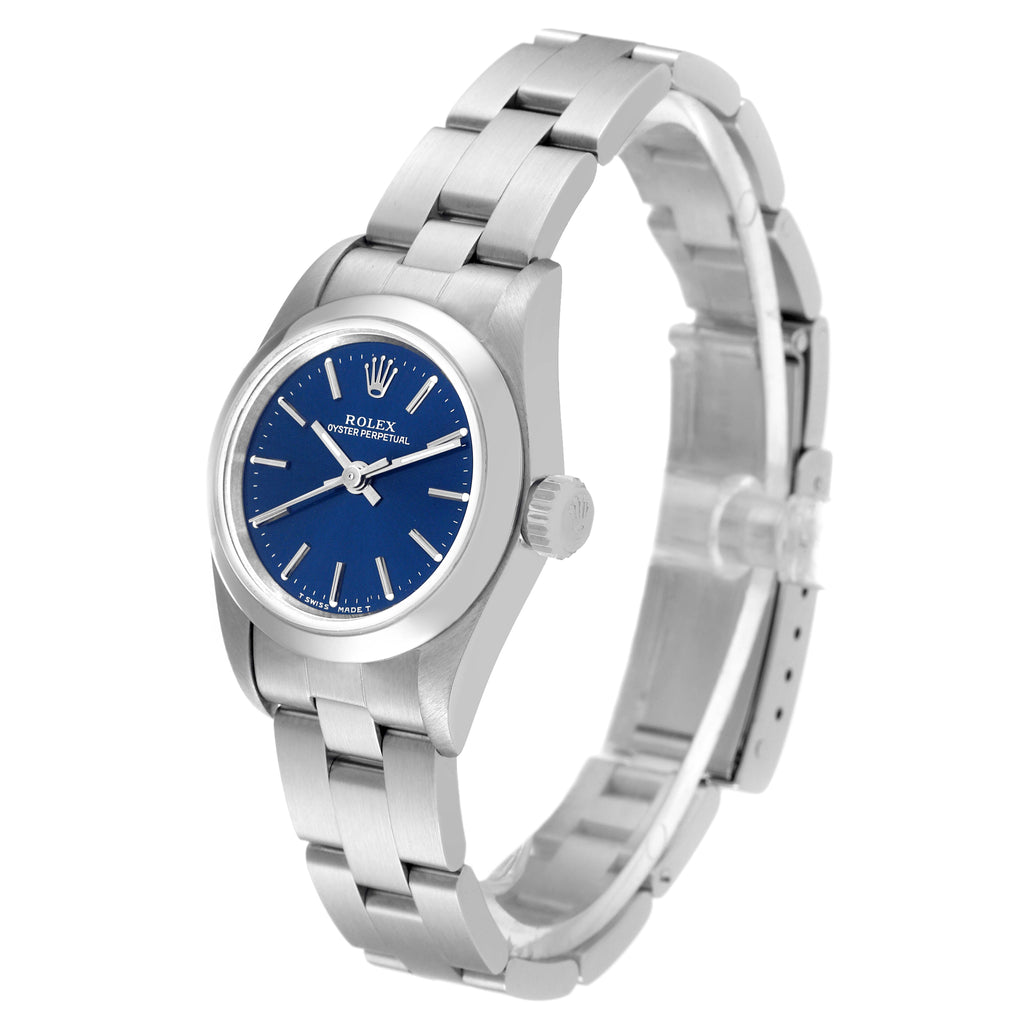 Rolex Oyster Perpetual Nondate Ladies Blue Dial Steel Watch 67180 Papers