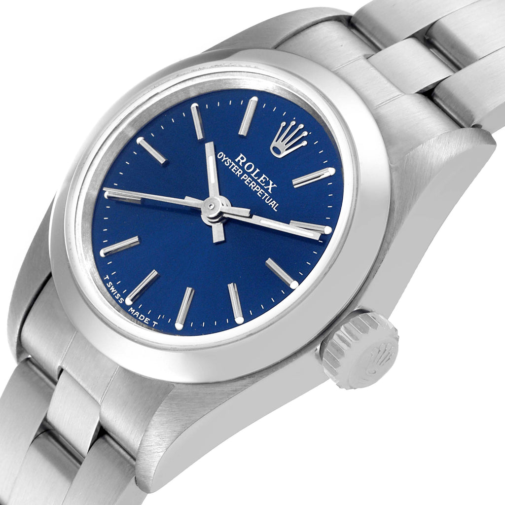 Rolex Oyster Perpetual Nondate Ladies Blue Dial Steel Watch 67180 Papers