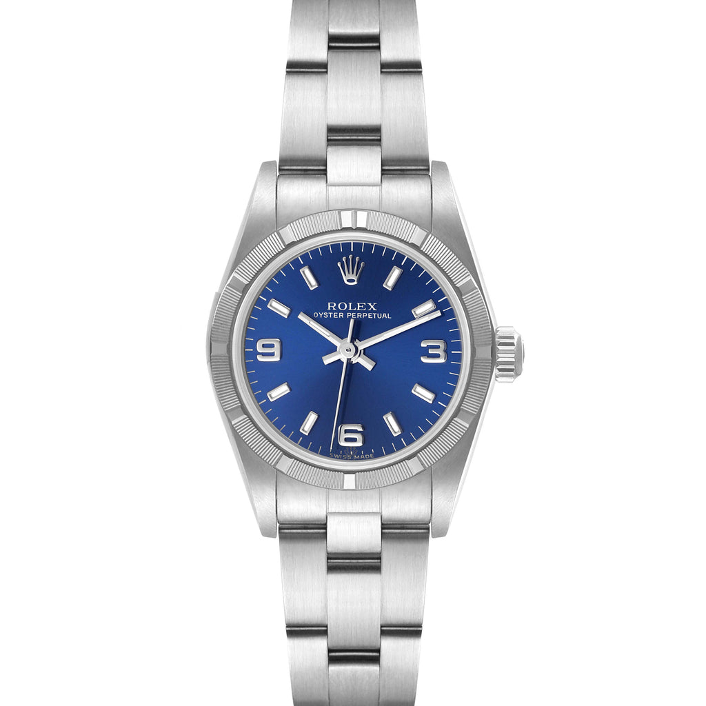 Rolex Oyster Perpetual NonDate Steel Blue Dial Ladies Watch 76030 Papers