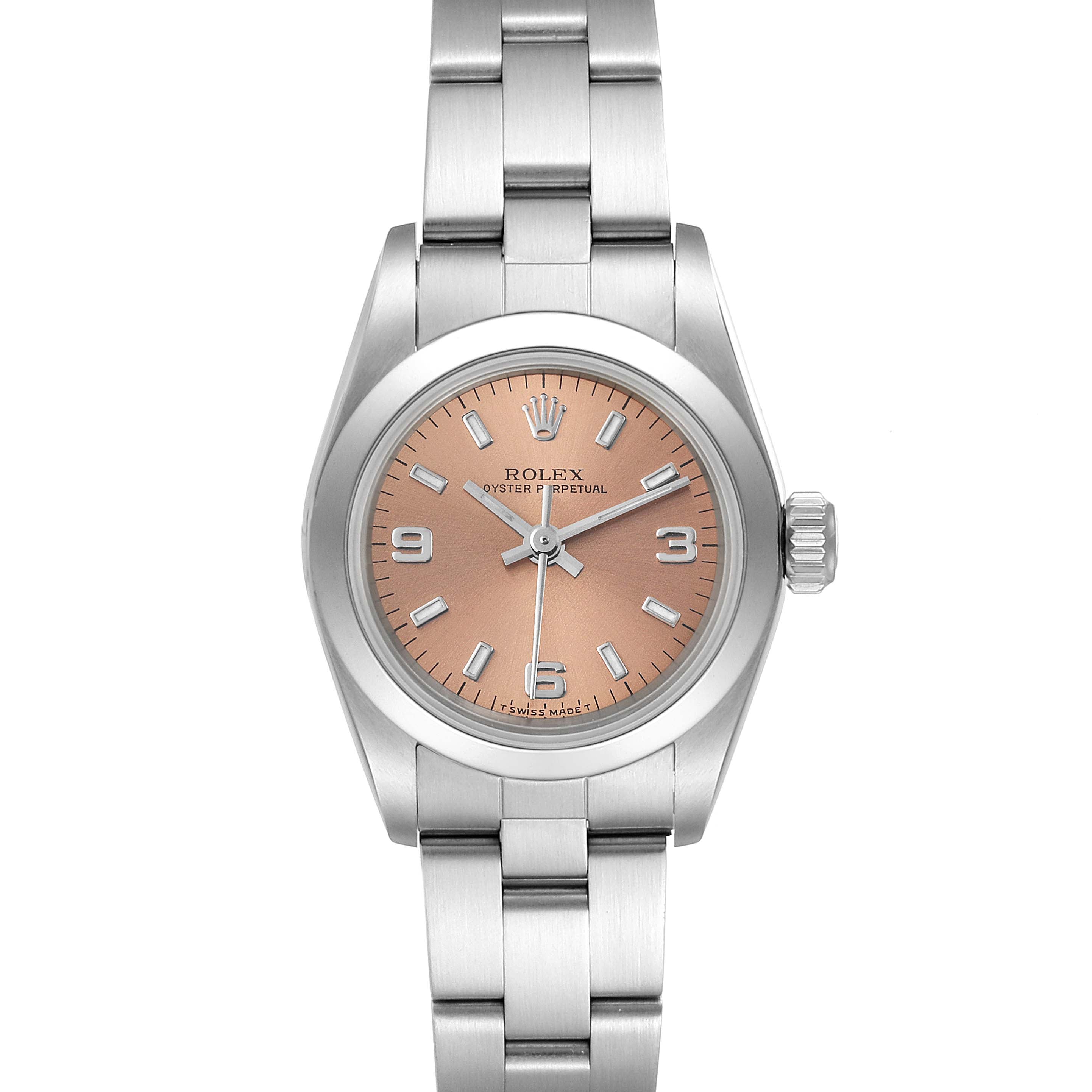 Rolex Oyster Perpetual Nondate Steel Salmon Dial Ladies Watch 67180 Papers
