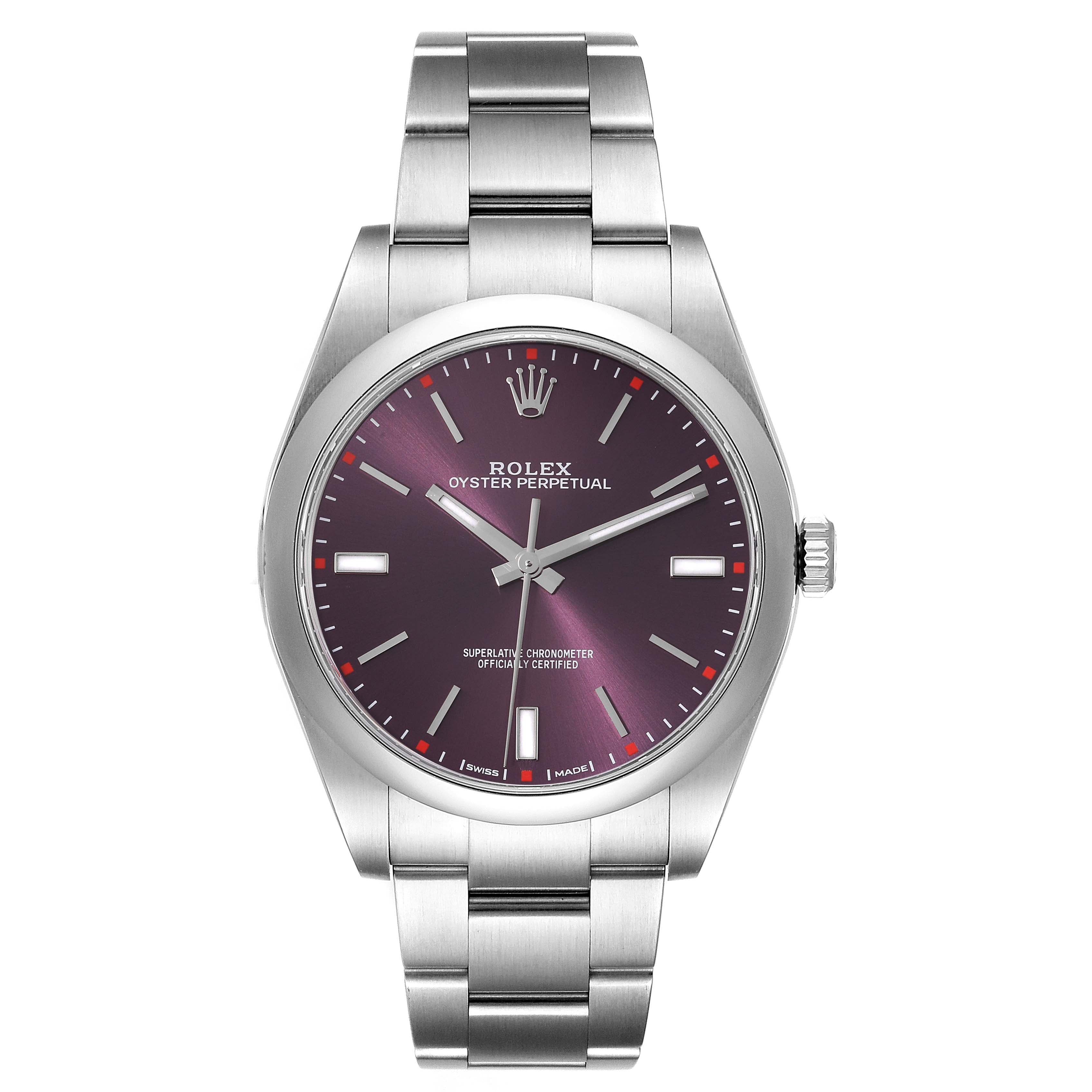 Rolex Oyster Perpetual Red Grape Dial Steel Mens Watch 114300