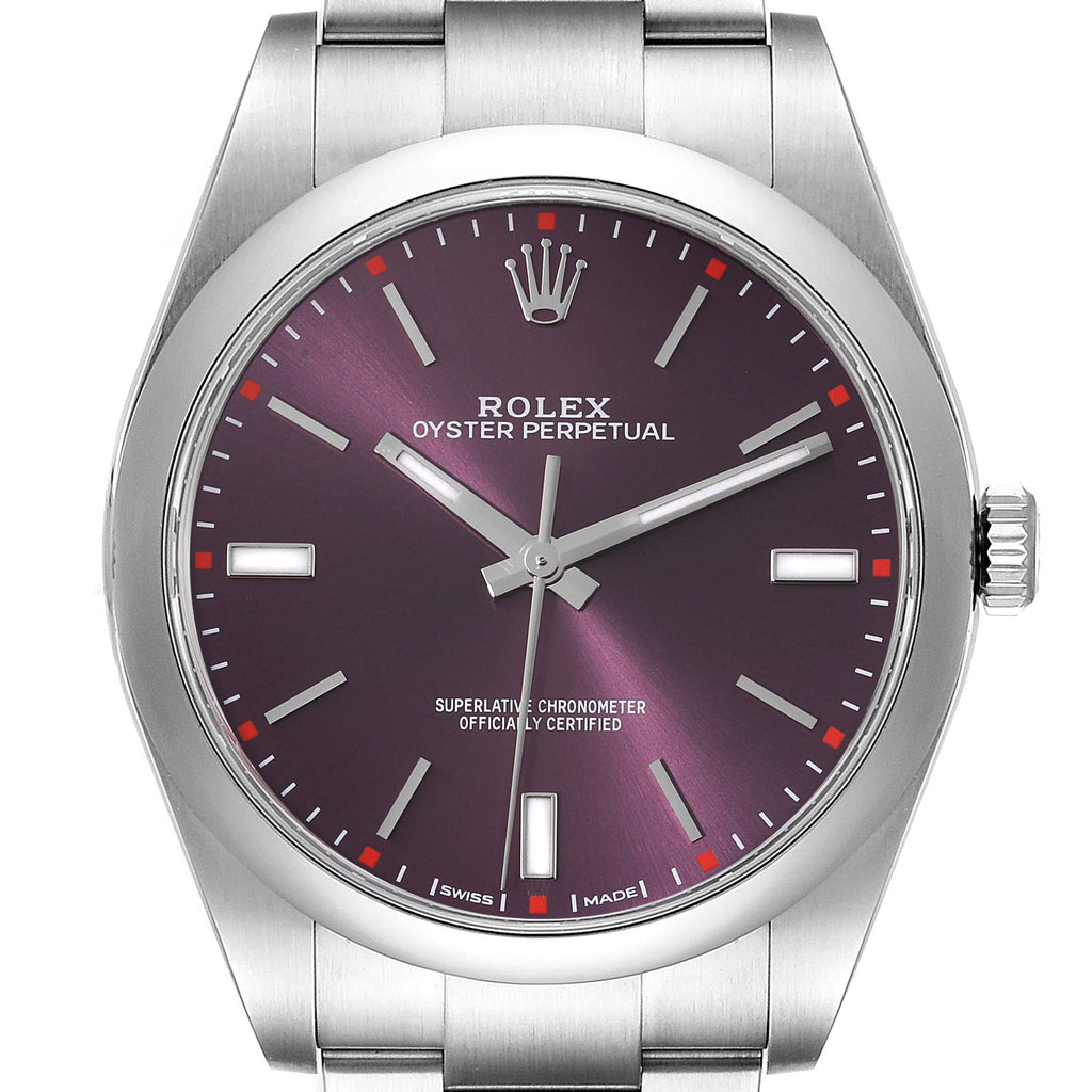 Rolex Oyster Perpetual Red Grape Dial Steel Mens Watch 114300