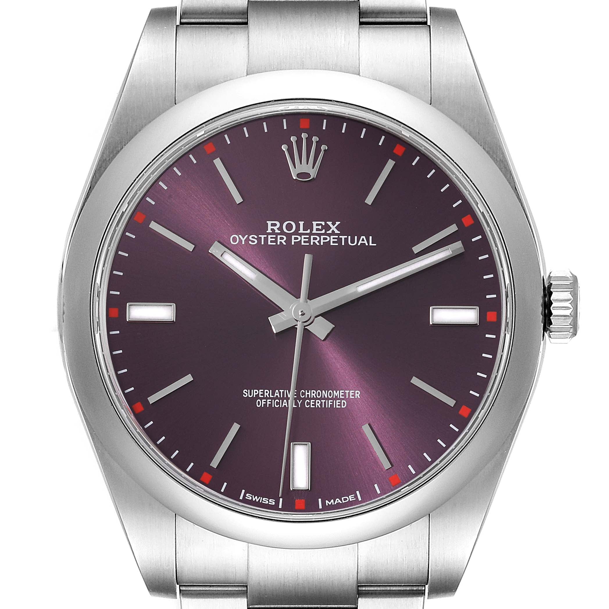 Rolex Oyster Perpetual Red Grape Dial Steel Mens Watch 114300