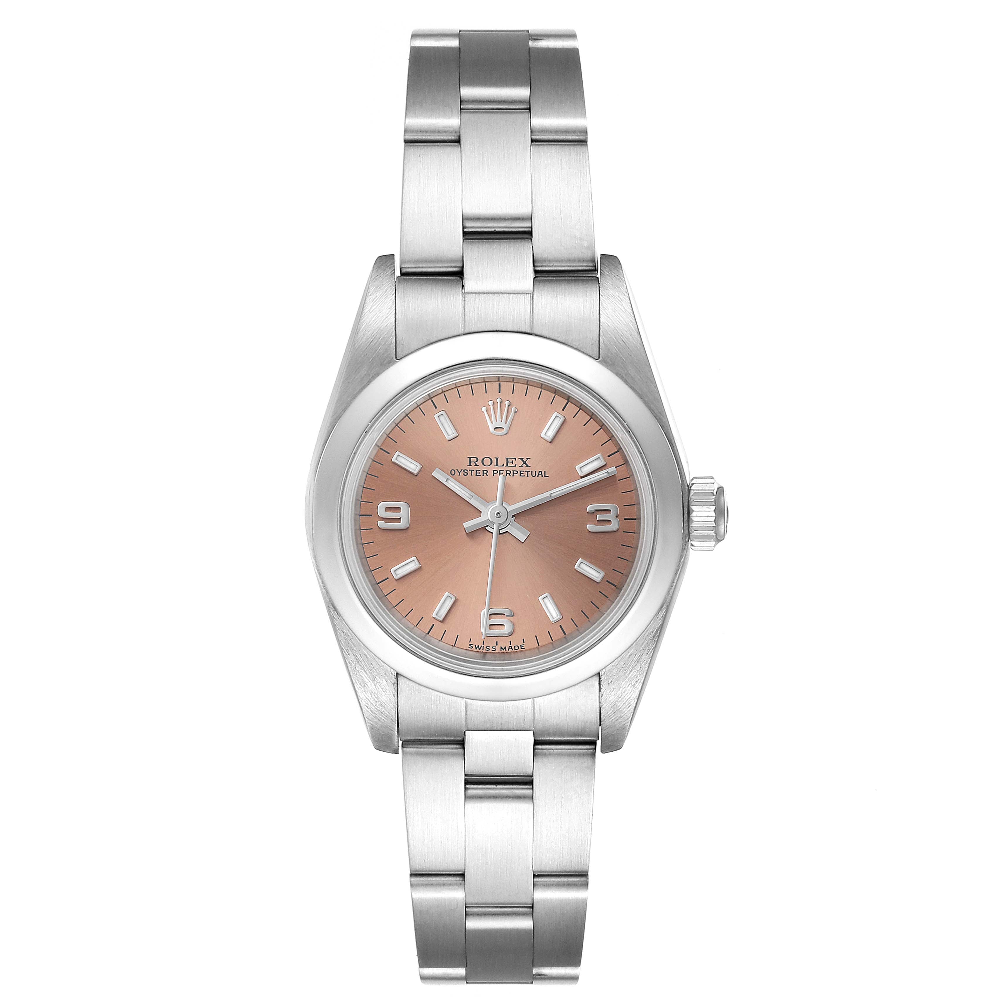 Rolex Oyster Perpetual Salmon Dial Domed Bezel Steel Ladies Watch 76080 BOX
