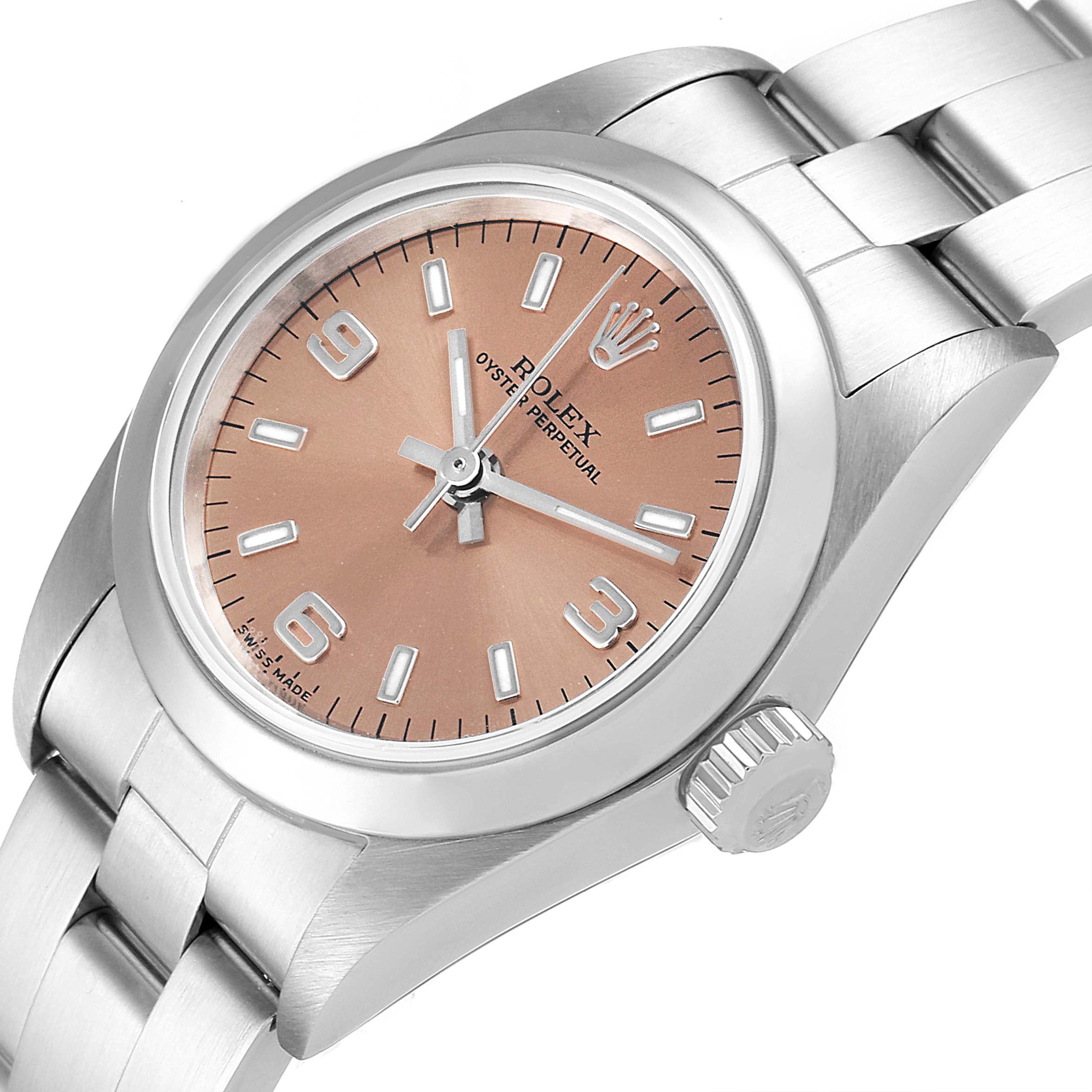 Rolex Oyster Perpetual Salmon Dial Domed Bezel Steel Ladies Watch 76080 BOX