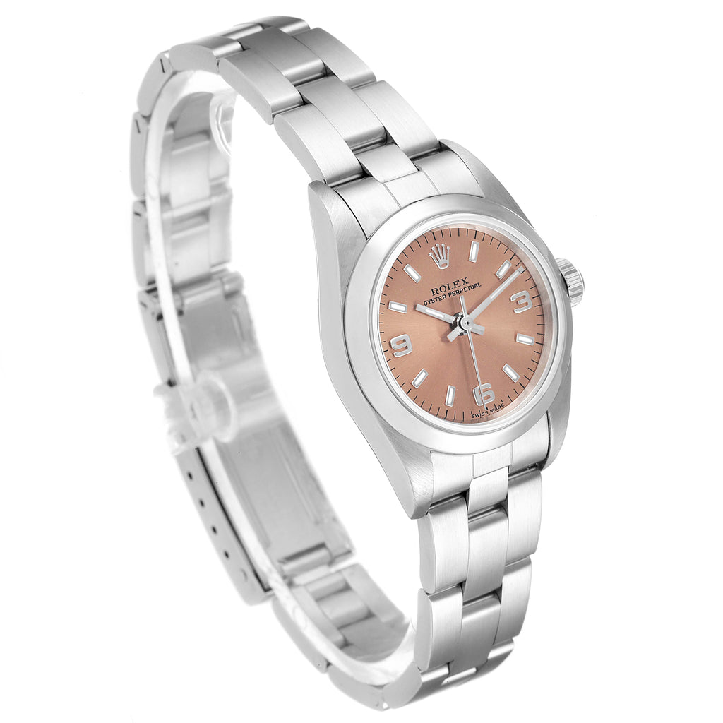 Rolex Oyster Perpetual Salmon Dial Domed Bezel Steel Ladies Watch 76080 BOX