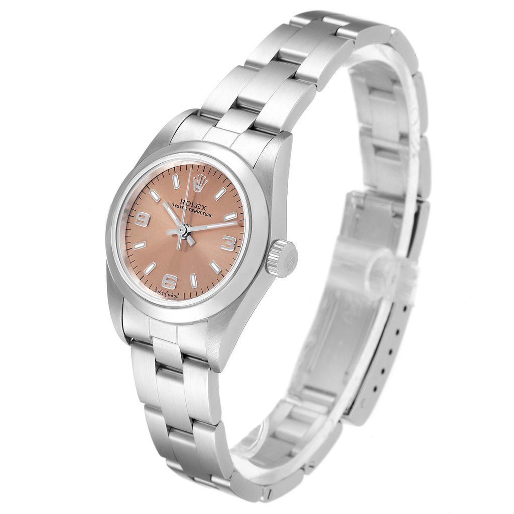 Rolex Oyster Perpetual Salmon Dial Domed Bezel Steel Ladies Watch 76080 BOX
