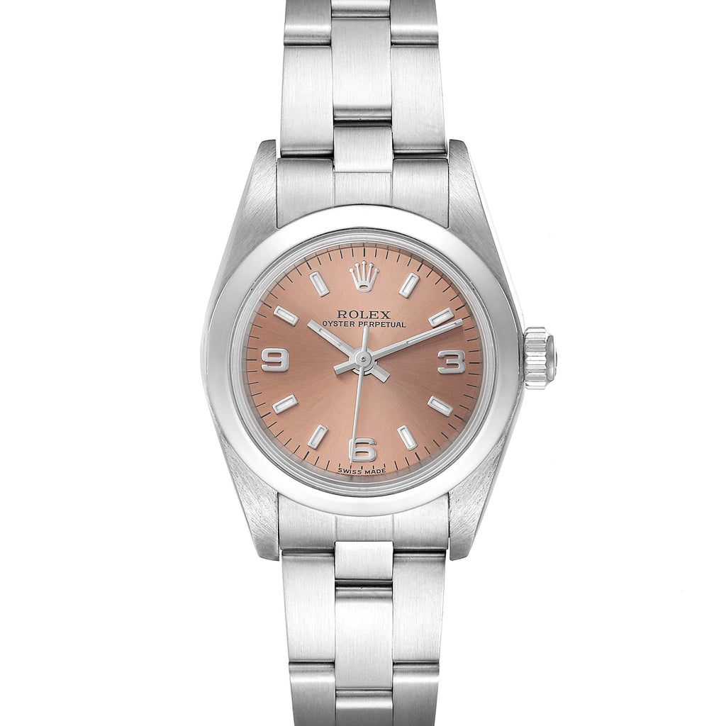 Rolex Oyster Perpetual Salmon Dial Domed Bezel Steel Ladies Watch 76080 BOX