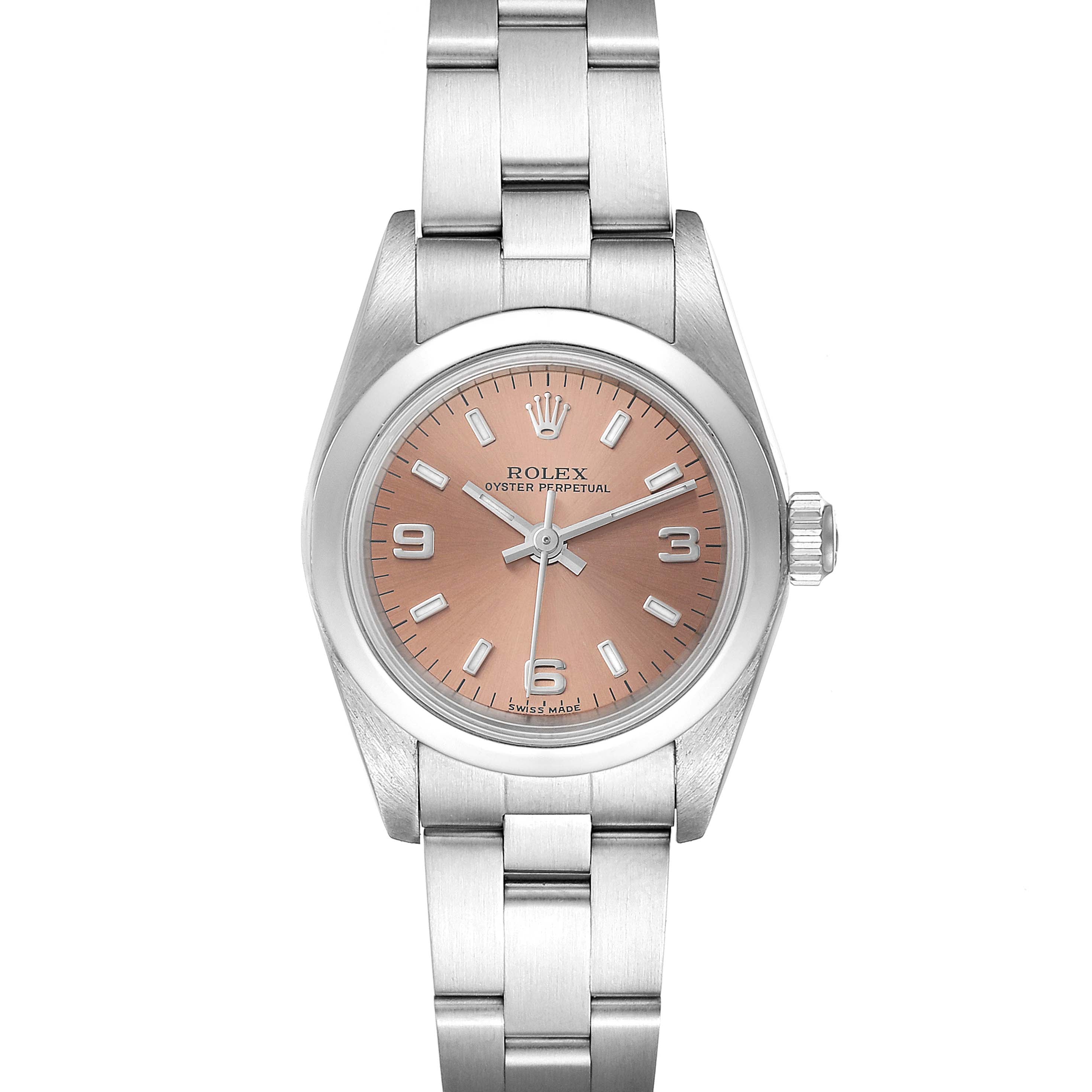 Rolex Oyster Perpetual Salmon Dial Domed Bezel Steel Ladies Watch 76080 BOX