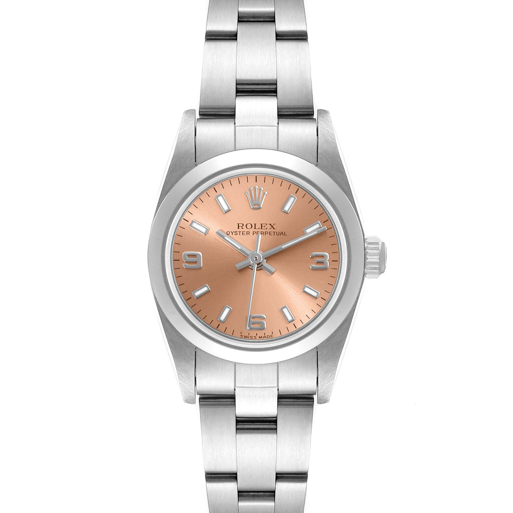Rolex Oyster Perpetual Salmon Dial Domed Bezel Steel Ladies Watch 76080