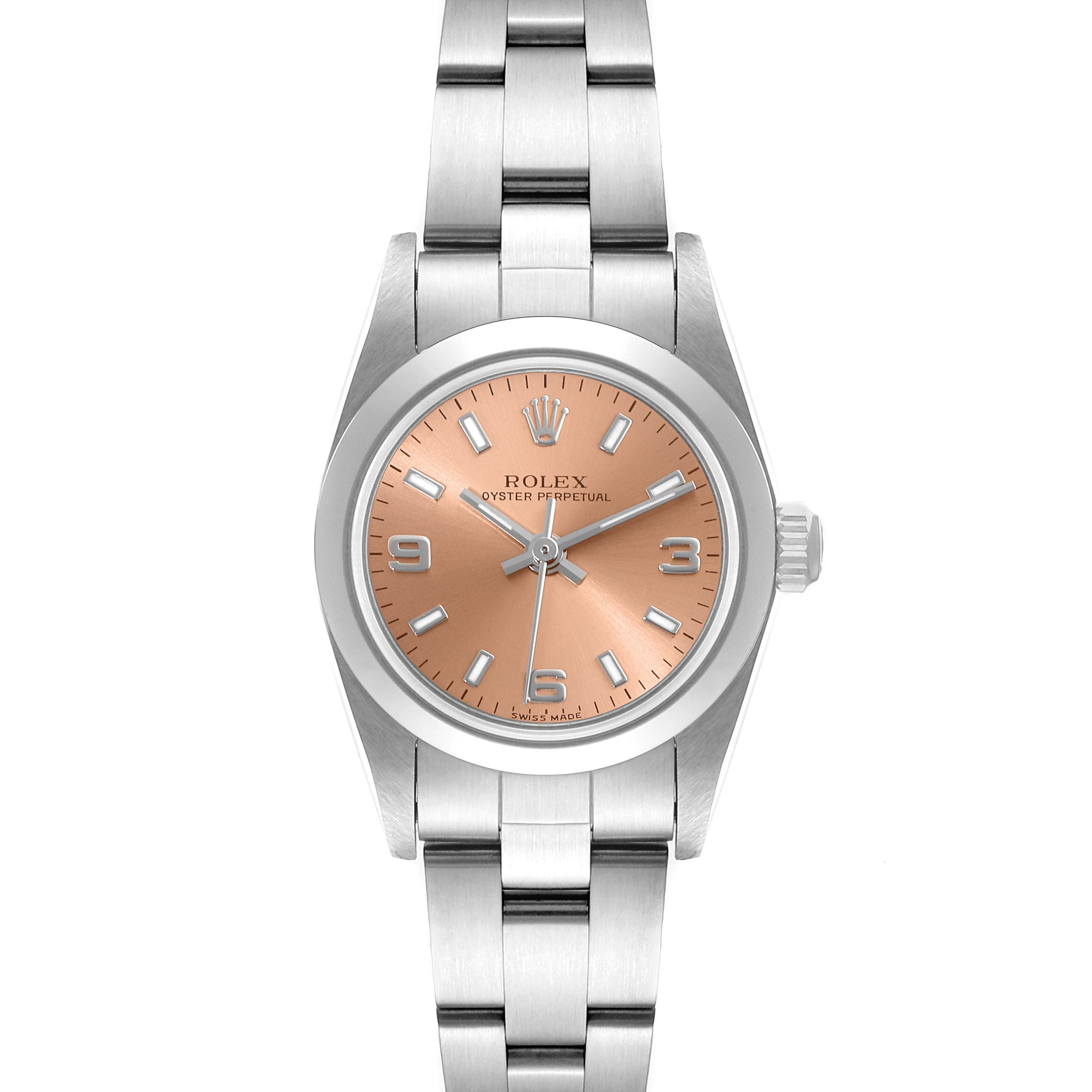 Rolex Oyster Perpetual Salmon Dial Domed Bezel Steel Ladies Watch 76080
