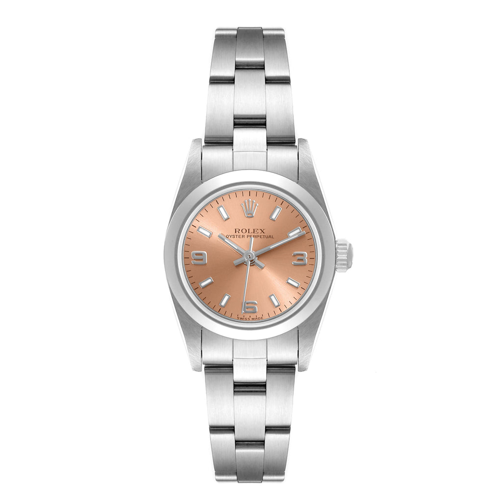Rolex Oyster Perpetual Salmon Dial Domed Bezel Steel Ladies Watch 76080