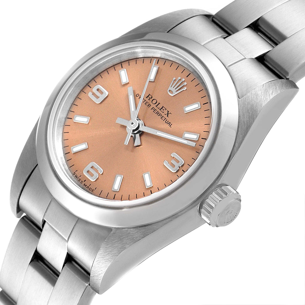 Rolex Oyster Perpetual Salmon Dial Domed Bezel Steel Ladies Watch 76080