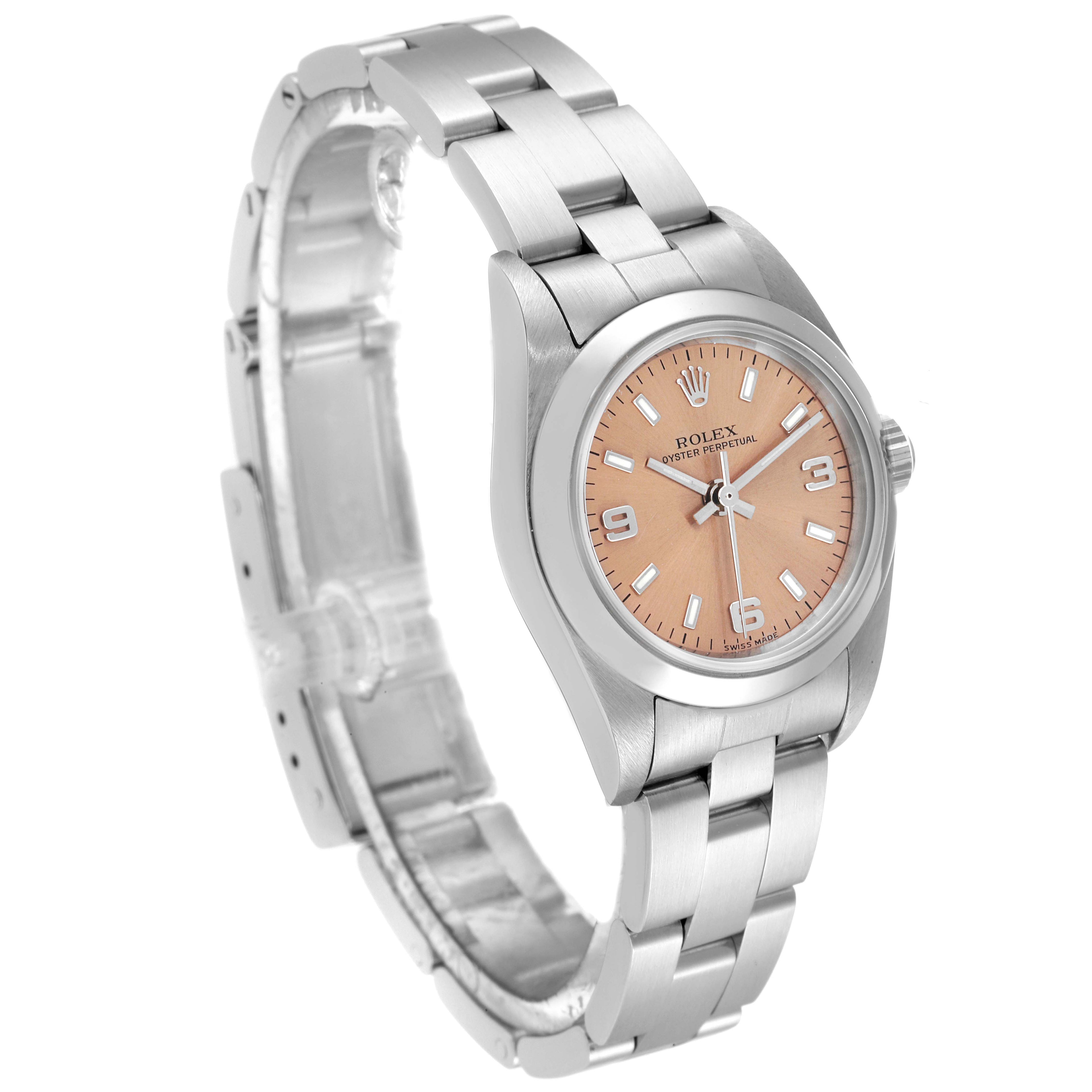 Rolex Oyster Perpetual Salmon Dial Domed Bezel Steel Ladies Watch 76080 Papers