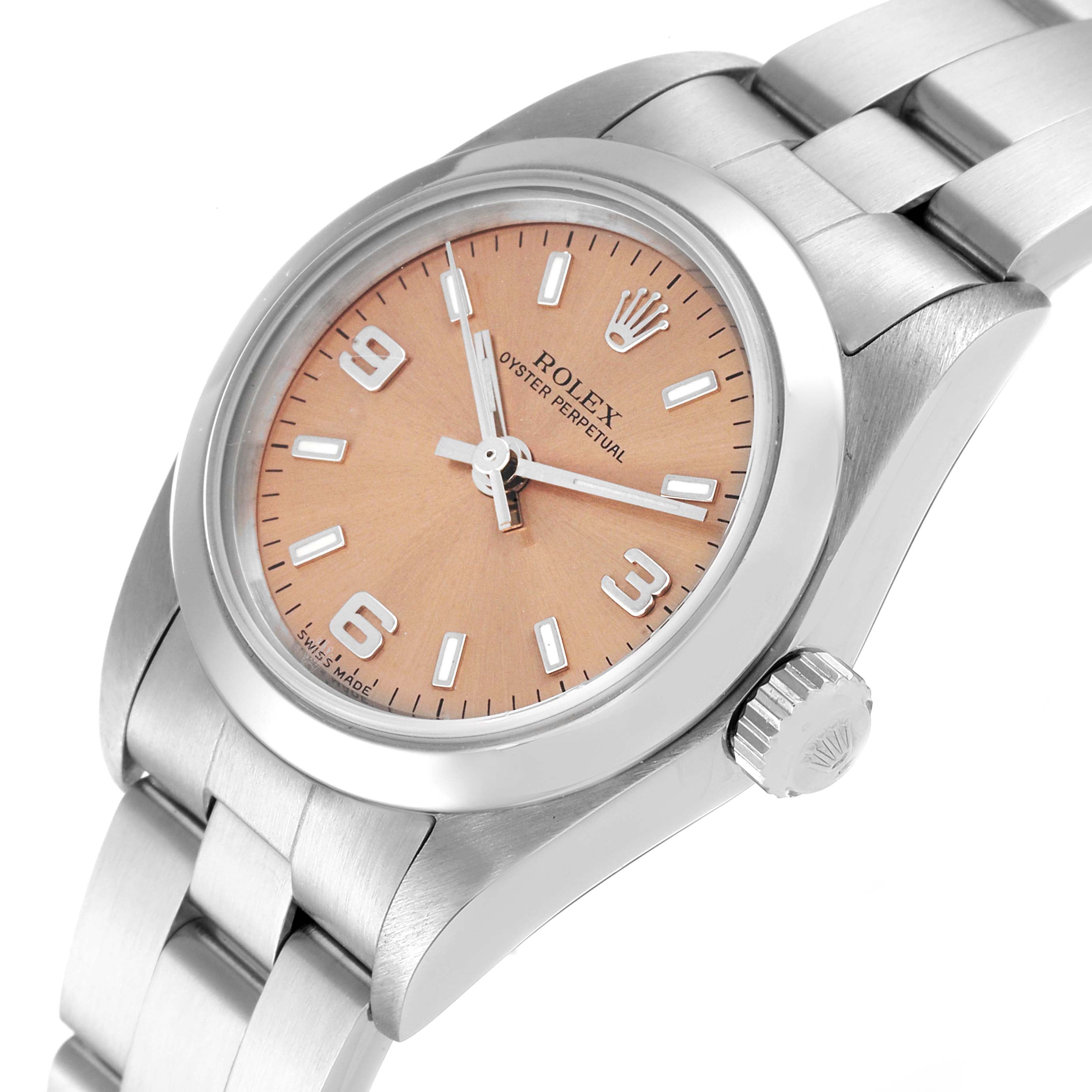 Rolex Oyster Perpetual Salmon Dial Domed Bezel Steel Ladies Watch 76080 Papers