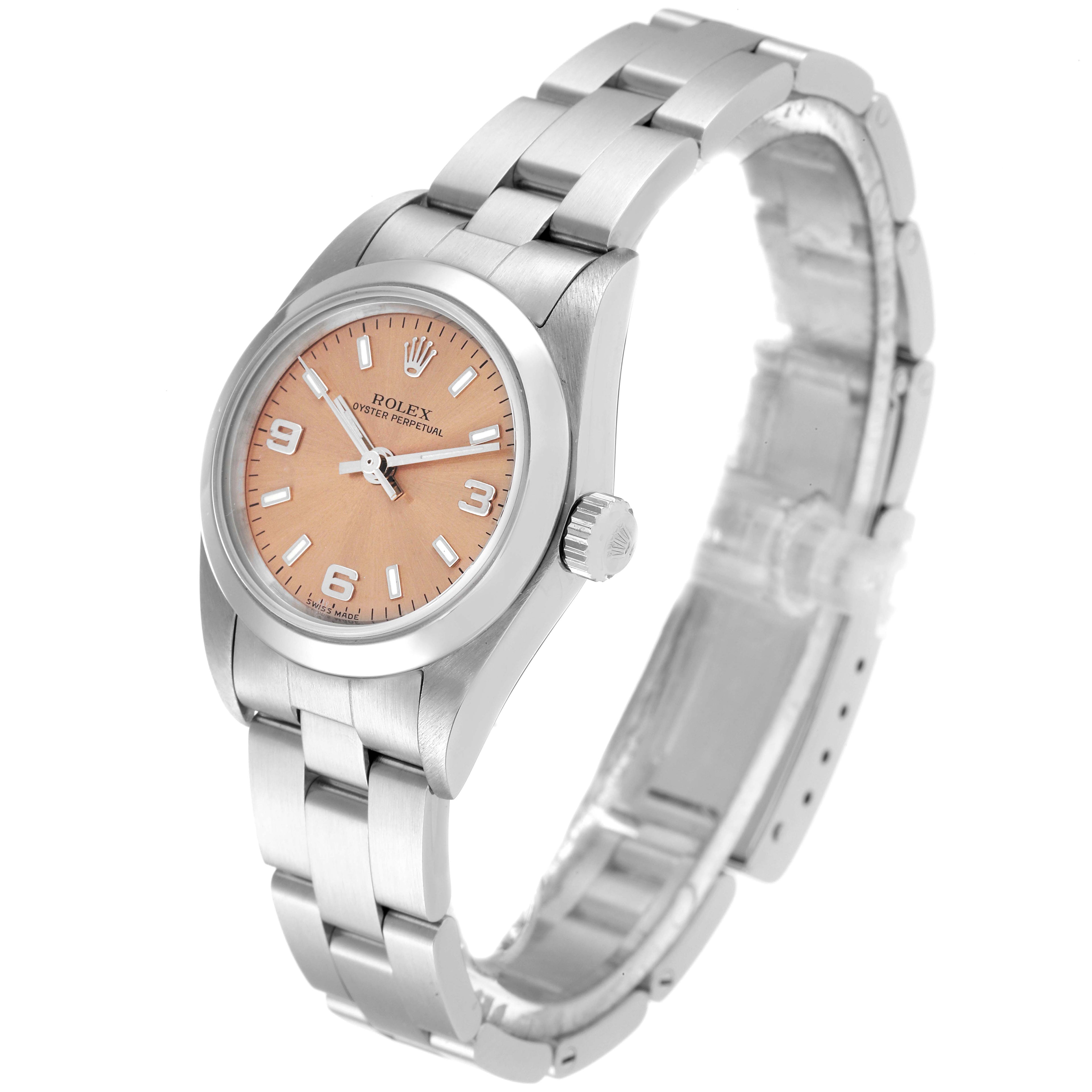 Rolex Oyster Perpetual Salmon Dial Domed Bezel Steel Ladies Watch 76080 Papers