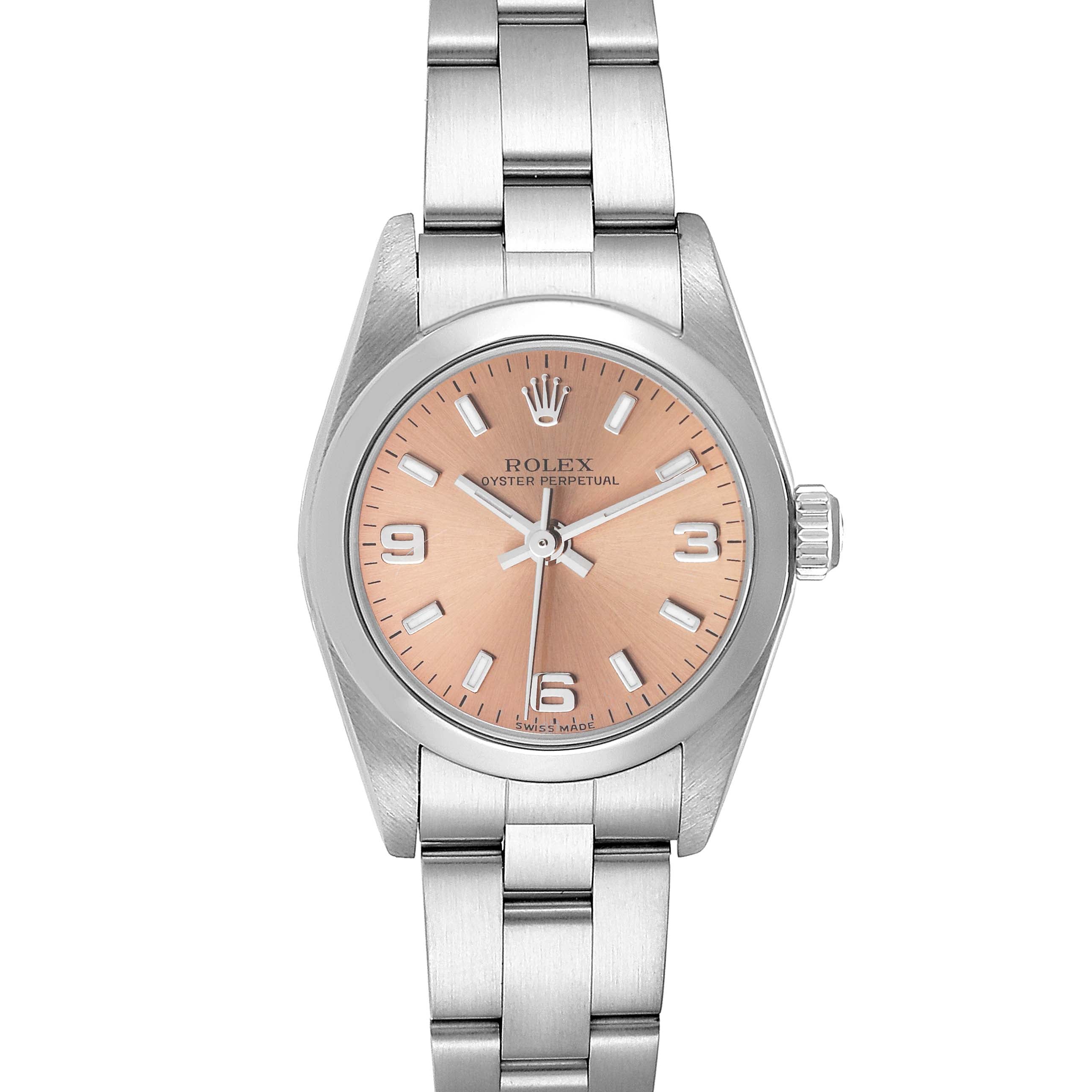 Rolex Oyster Perpetual Salmon Dial Domed Bezel Steel Ladies Watch 76080 Papers