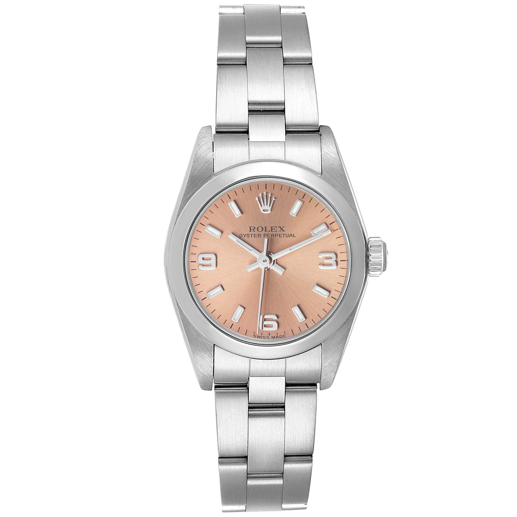 Rolex Oyster Perpetual Salmon Dial Domed Bezel Steel Ladies Watch 76080 Papers