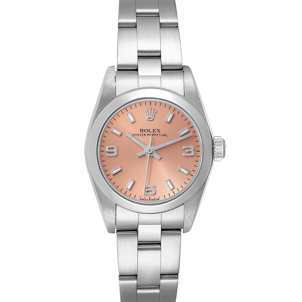 Rolex Oyster Perpetual Salmon Dial Domed Bezel Steel Watch 76080